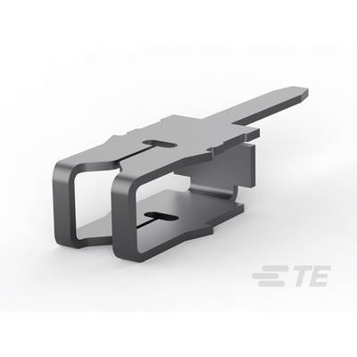 Metalowy styk z elektrycznego systemu złączy, przedstawiony z boku, ukazuje dwuzębną formę służącą do mocowania.