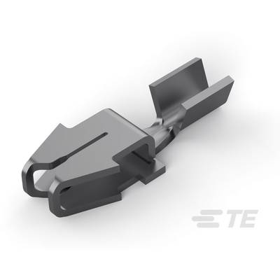 Metalowy złącz kablowy do połączeń elektrycznych, z bocznym wcięciem i zagiętym końcem, na białym tle.