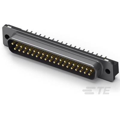 Złącze D-Sub z wieloma złotymi stykami, odpowiednie do połączeń elektronicznych. Prostokątne, szare z logo producenta.