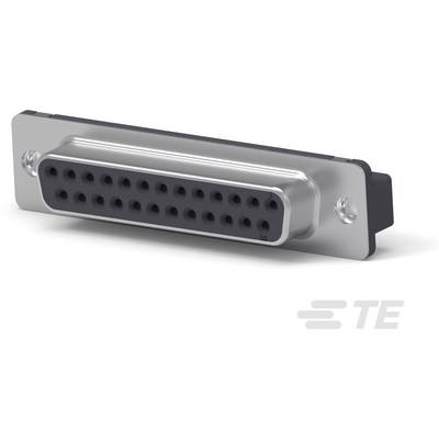 Wtyczka do urządzeń elektronicznych, prostokątna, z wieloma okrągłymi gniazdami ułożonymi w dwóch rzędach, zamontowana na płycie metalowej.