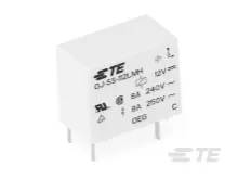 Białe przekaźniki z oznaczeniami 'TE', 'DJ-S5 012LMH', '12V DC', '8A 240V AC', '8A 250V DC', z trzema zaciskami po jednej stronie.