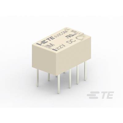 Mały elektromagnetyczny przekaźnik z wieloma stykami. Jest opisany specyfikacjami technicznymi, takimi jak napięcie i natężenie prądu.