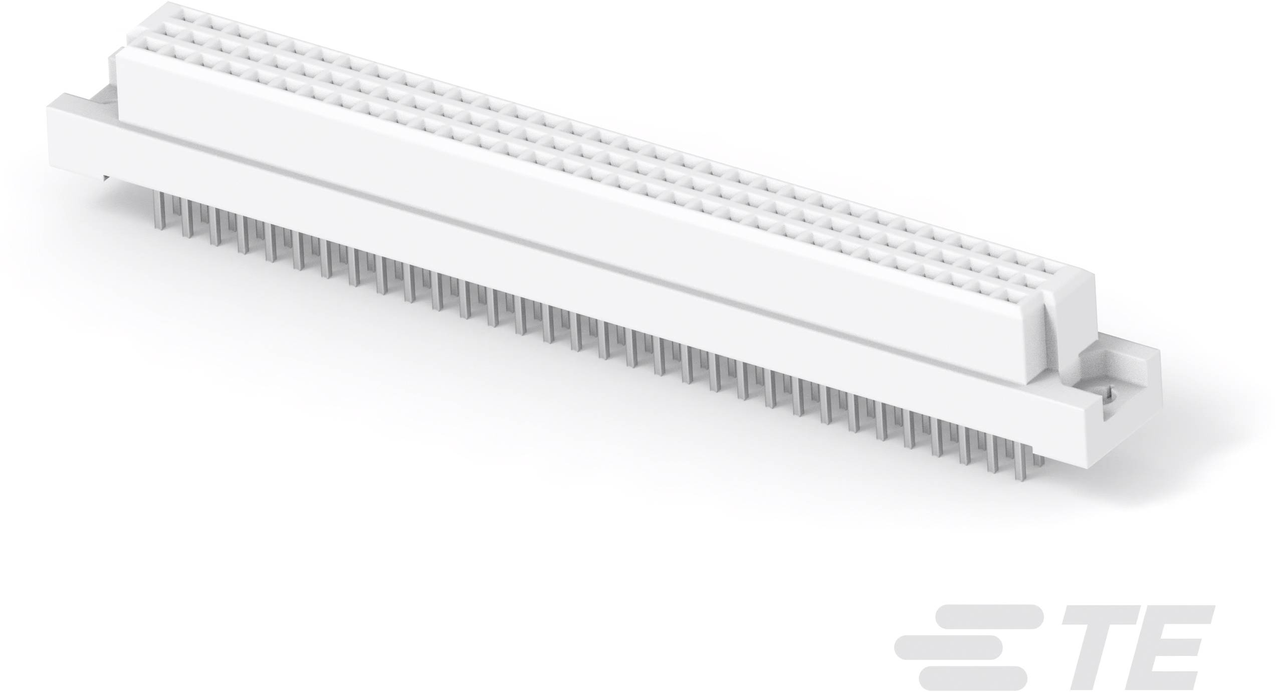 Biały elektryczny złącz z wieloma stykami. Logo TE widoczne jest w dolnym prawym rogu.