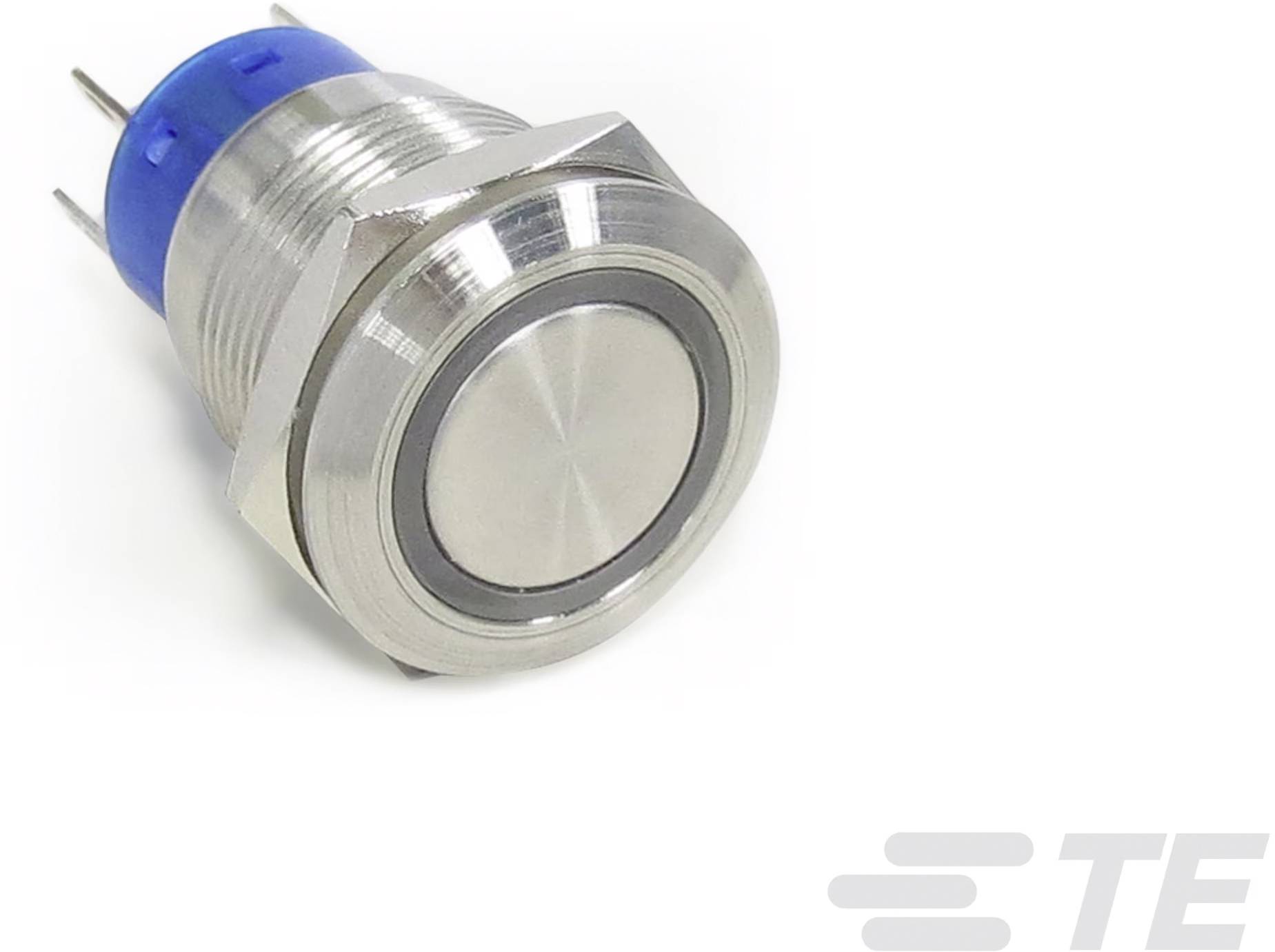 Srebrny metalowy przycisk z niebieskim plastikowym podłożem; odpowiedni do zastosowań w urządzeniach elektronicznych i obwodach.