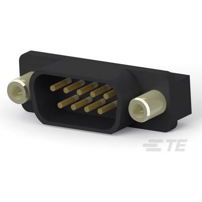Prostokątne złącze elektryczne z dziewięcioma złotymi stykami oraz dwoma metalowymi elementami mocującymi po bokach.
