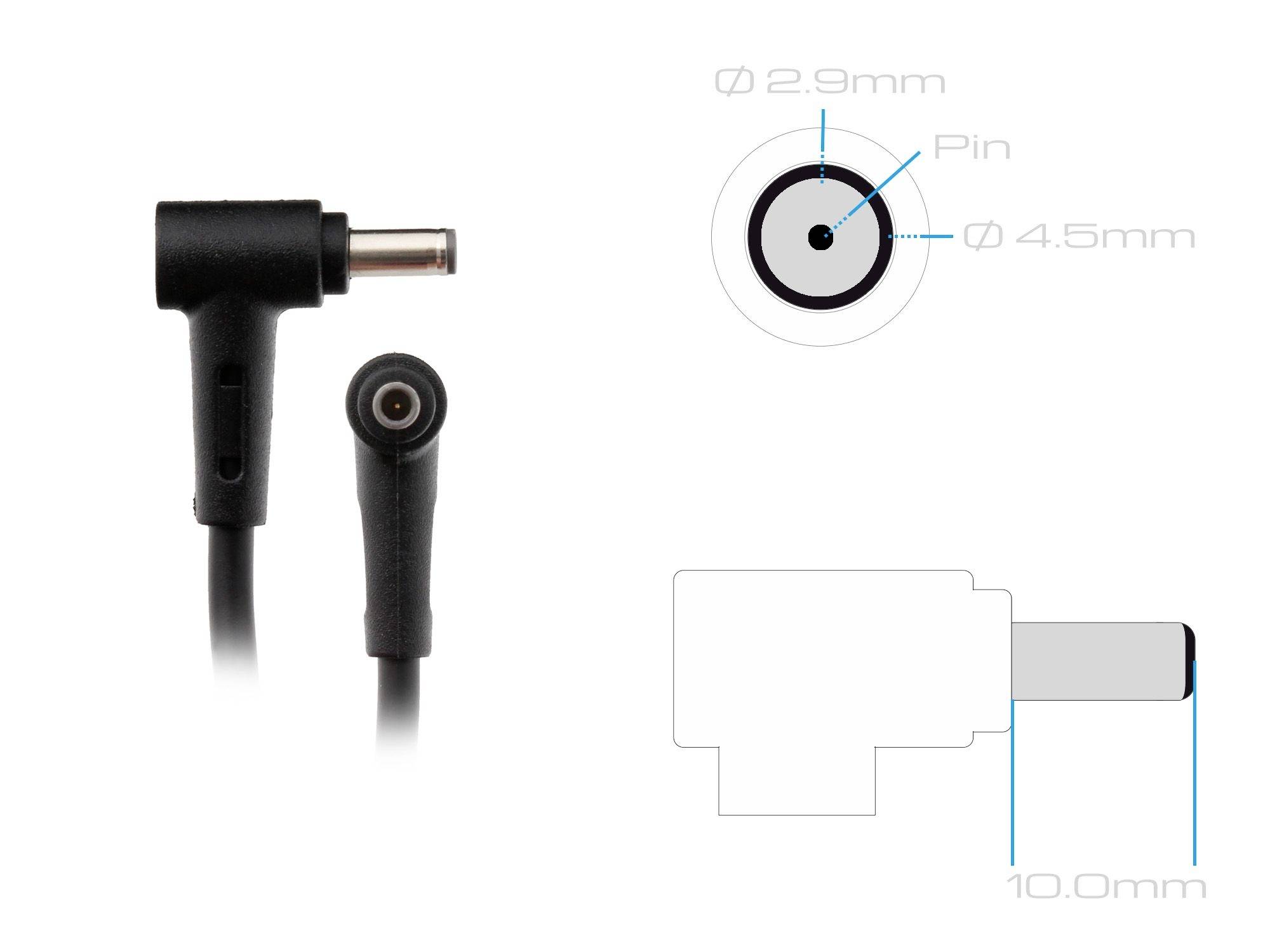 Wtyk zasilacza o kształcie litery L, wymiary: średnica pinu 2,9 mm, średnica zewnętrzna 4,5 mm, długość 10 mm.