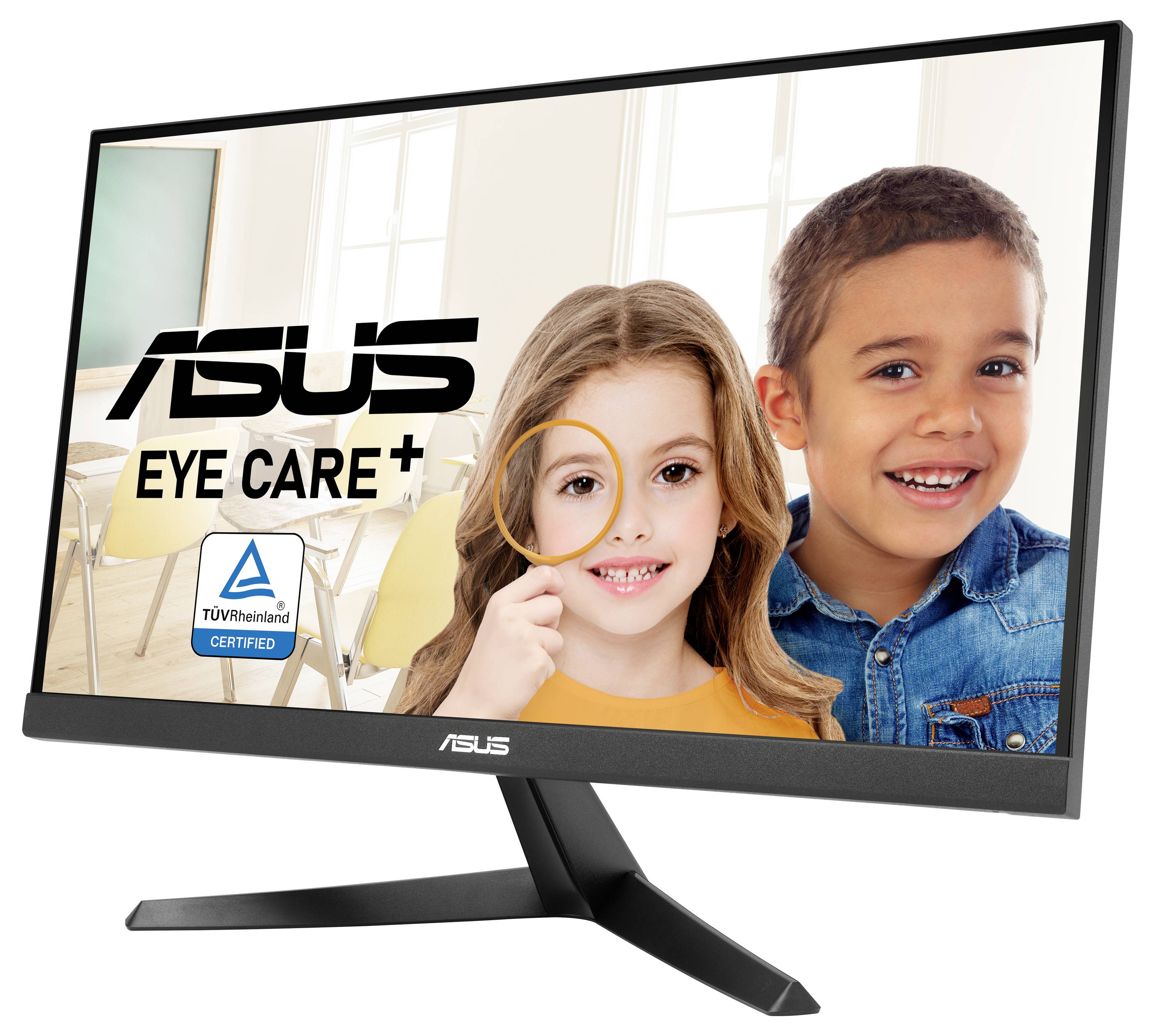 Monitor z technologią 'Asus Eye Care+' przedstawia dwoje uśmiechniętych dzieci. Widoczne jest logo certyfikacji TÜV.