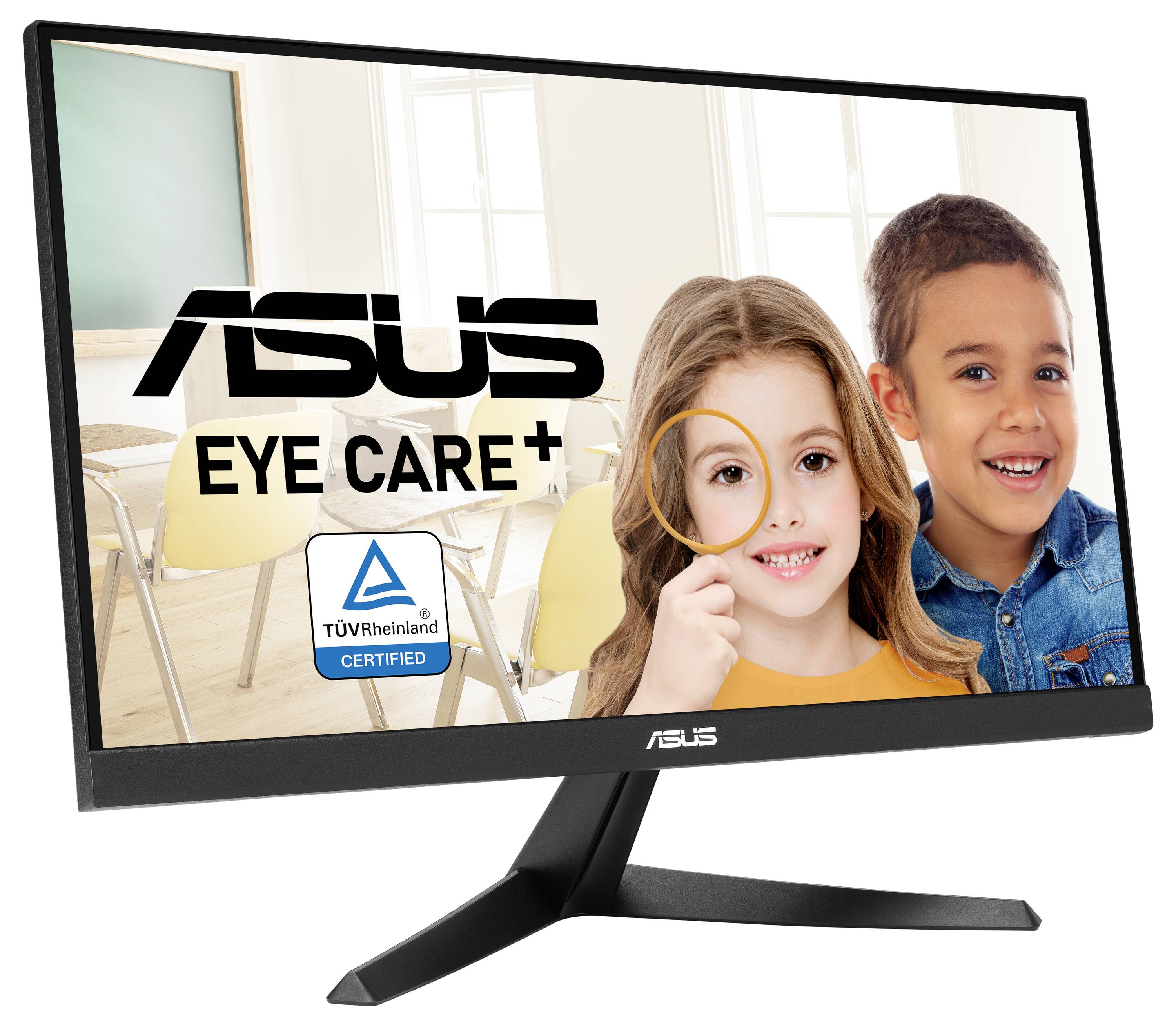 Monitor Asus z funkcją 'Eye Care+' i certyfikatem TÜV. Dwoje dzieci siedzi w tle w sali lekcyjnej.