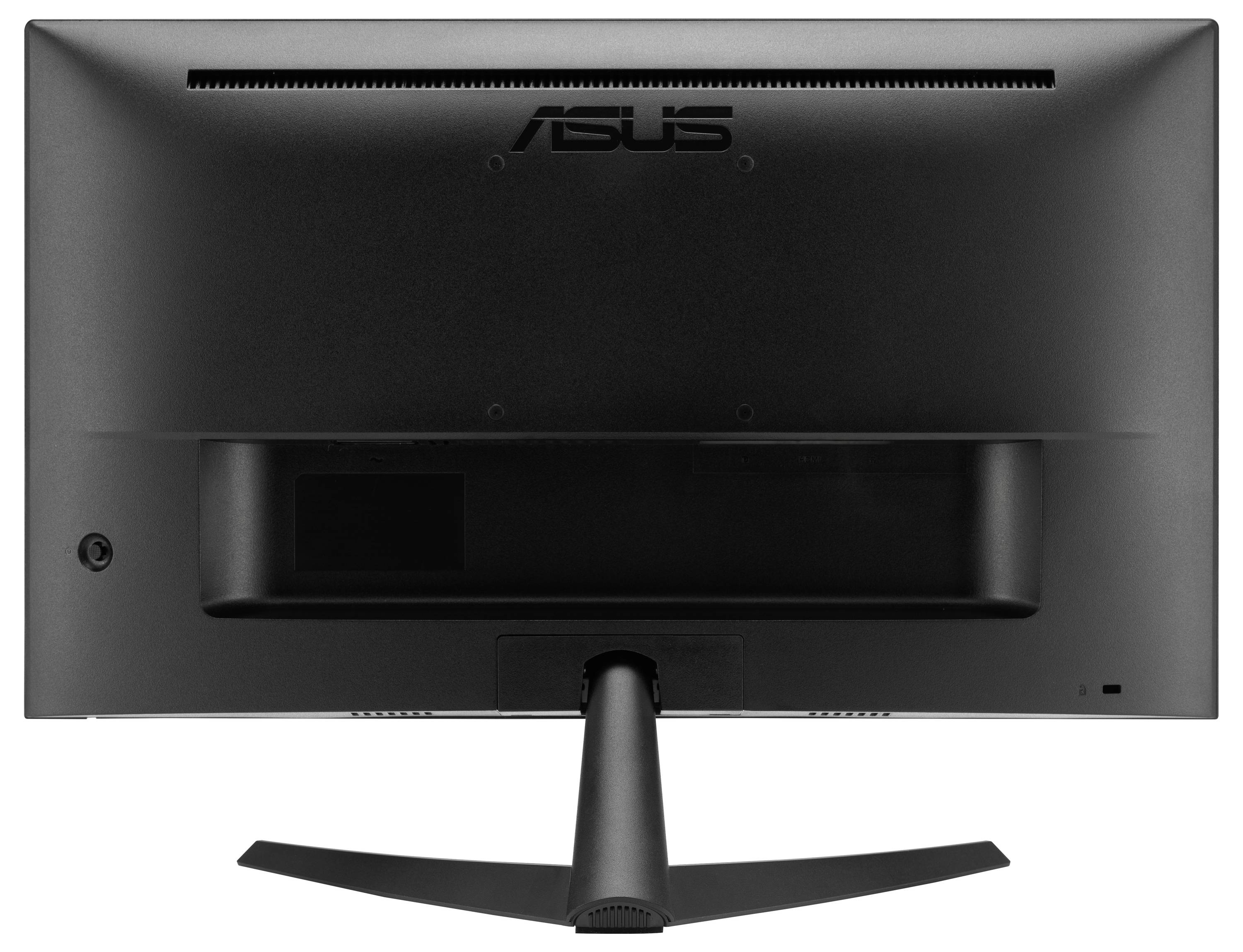 Widok z tyłu czarnego monitora komputerowego z podstawą, marki ASUS.