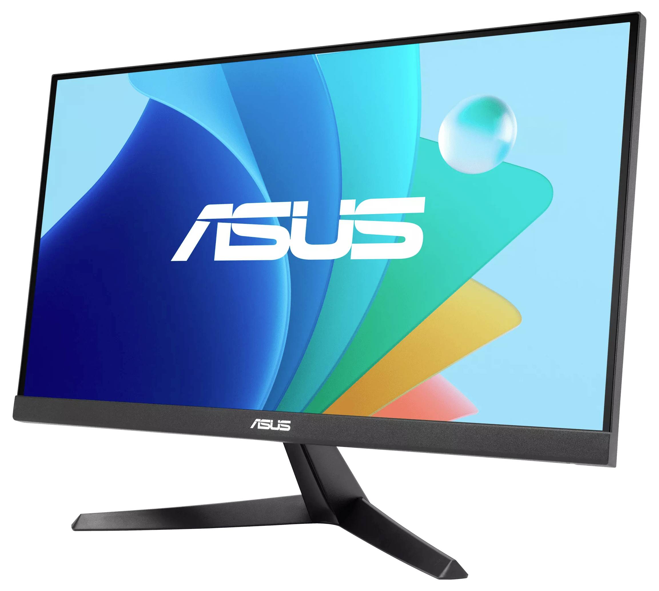 Monitor ASUS z kolorowym tłem i białym logo ASUS na ekranie. Monitor posiada czarną obudowę i smukłą podstawę.