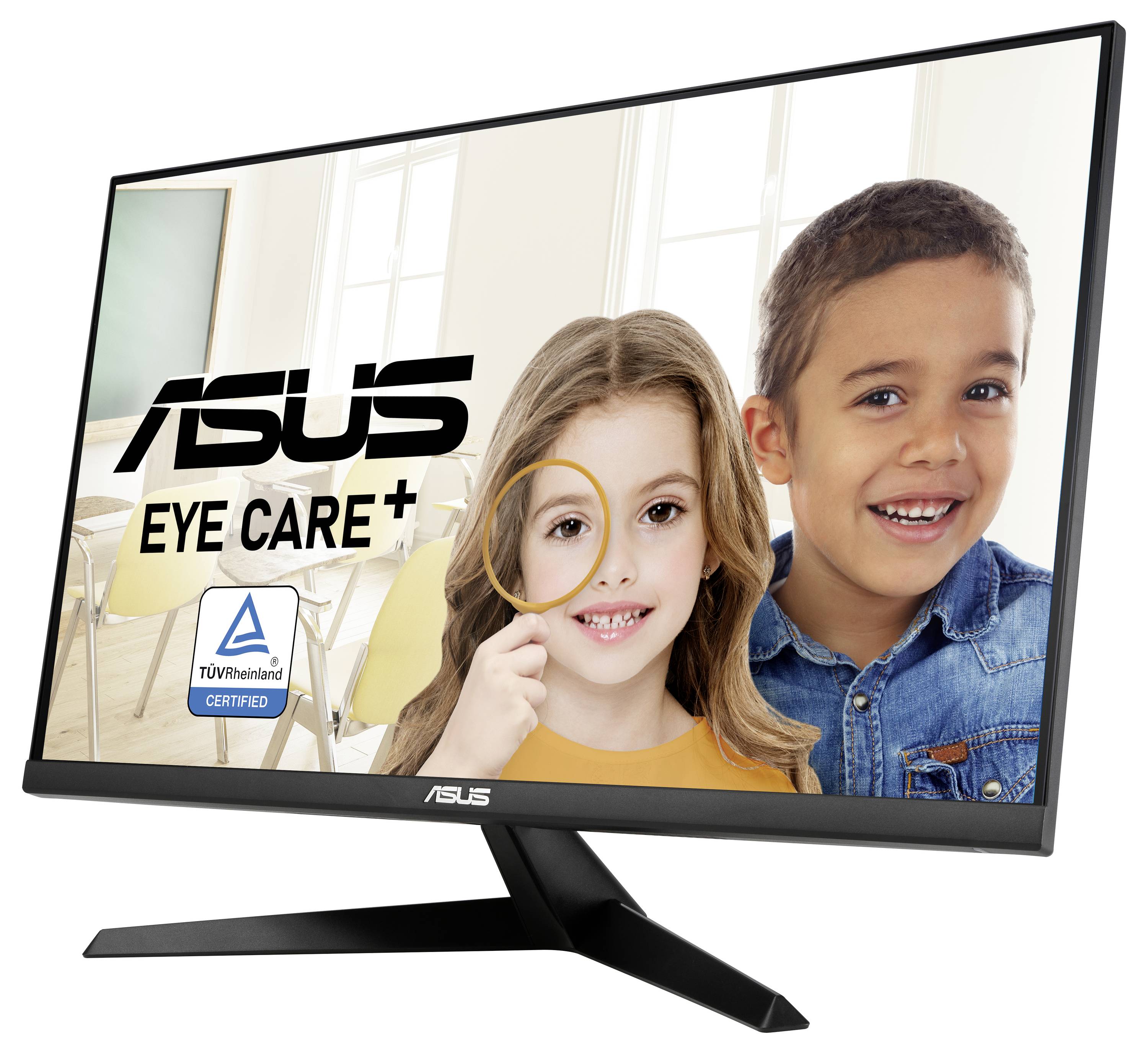 Monitor ASUS z napisem 'Eye Care+' przedstawiający dwójkę uśmiechniętych dzieci w klasie. Model certyfikowany przez TUV Rheinland.