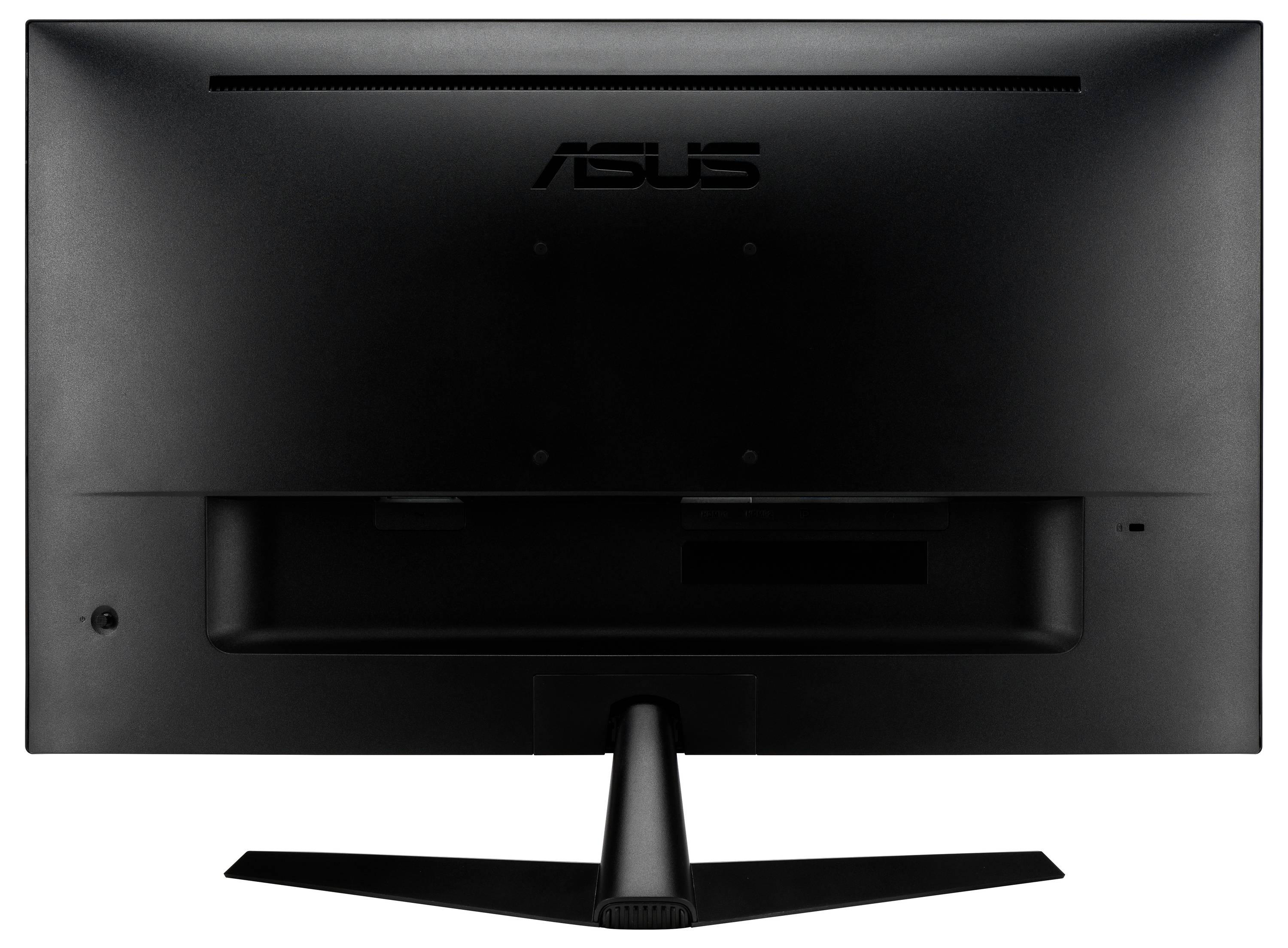 Czarny monitor widziany od tyłu z logo marki 'ASUS' umieszczonym centralnie na górze, o prostym designie, z centralną podstawą.