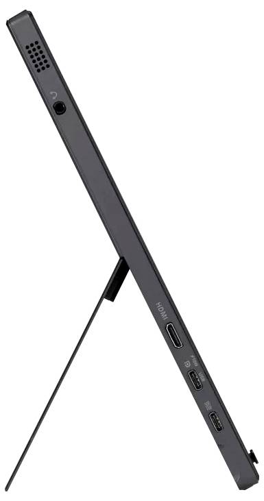 Widok z boku płaskiego, przenośnego monitora na stojaku z widocznymi złączami: HDMI, dwa porty USB-C oraz gniazdo słuchawkowe.