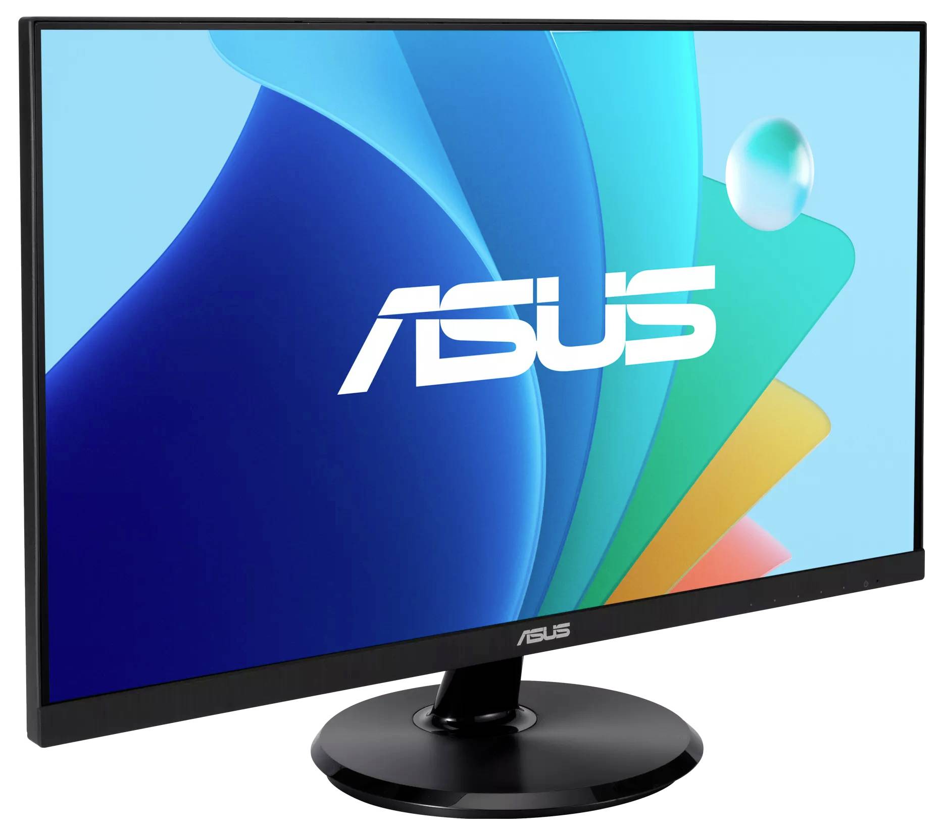 Monitor ASUS z jasnym wyświetlaczem, prezentujący abstrakcyjne tło w odcieniach niebieskiego i zielonego.