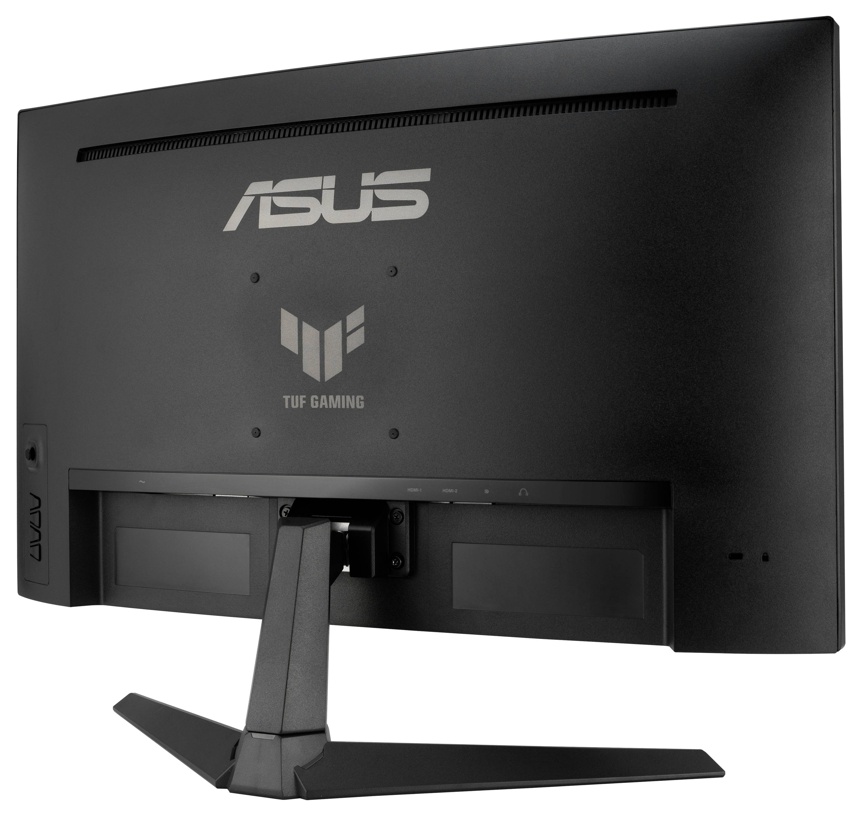 Tylna strona monitora gamingowego marki ASUS z logo TUF Gaming. Czarny, nowoczesny design z wąską podstawą.