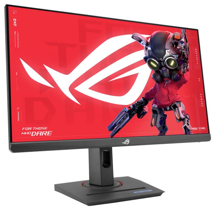 Monitor do gier z logo Asusa na ekranie, obok futurystyczna postać robota w kolorze czerwonym.