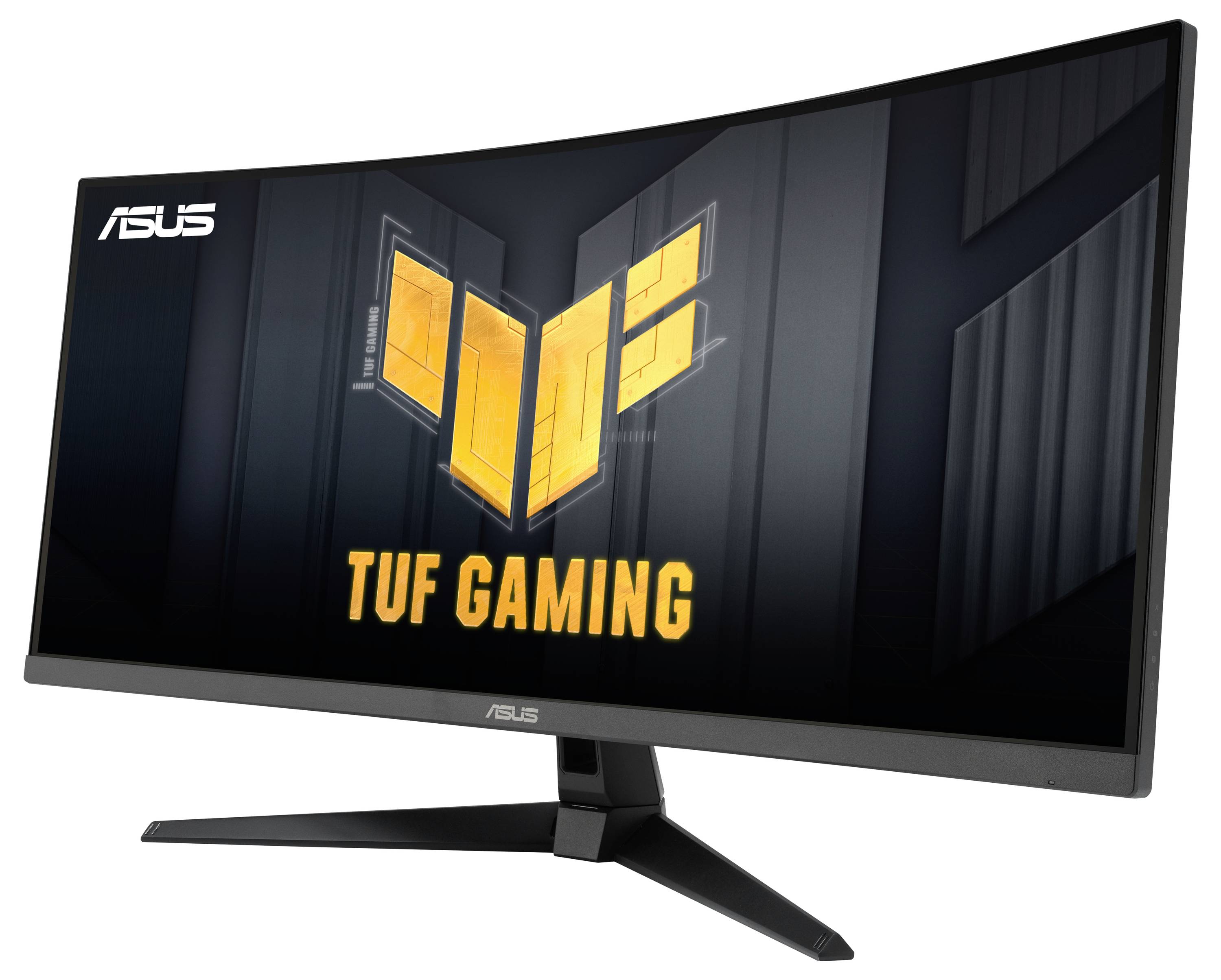 Zakrzywiony monitor ASUS z napisem 'TUF Gaming' i żółtym logo na czarnym tle. Idealny do grania.