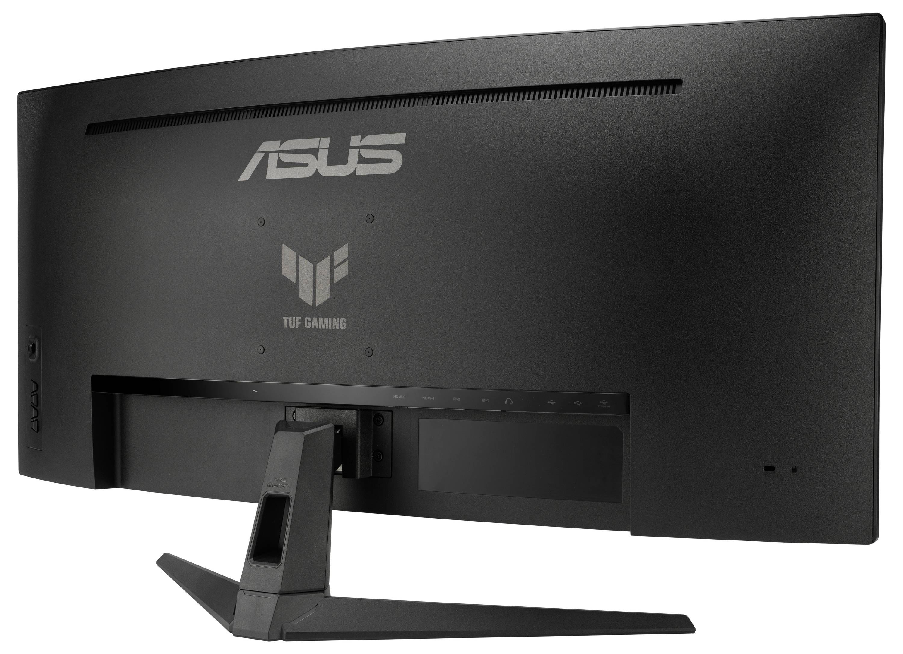 Czarny komputer monitor z podstawą jest widoczny od tyłu. Na górze znajduje się napis 'ASUS', poniżej logo 'TUF Gaming'.