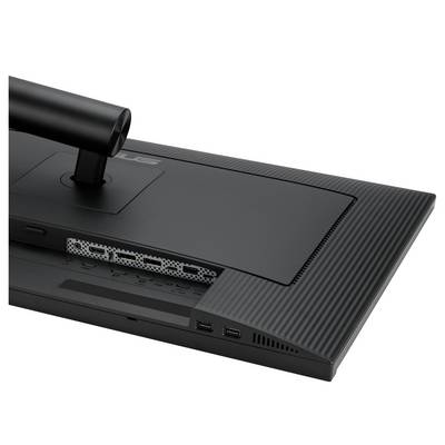Tył monitora z wieloma interfejsami, w tym portami USB. Podstawa jest wykonana w kształcie cylindra.