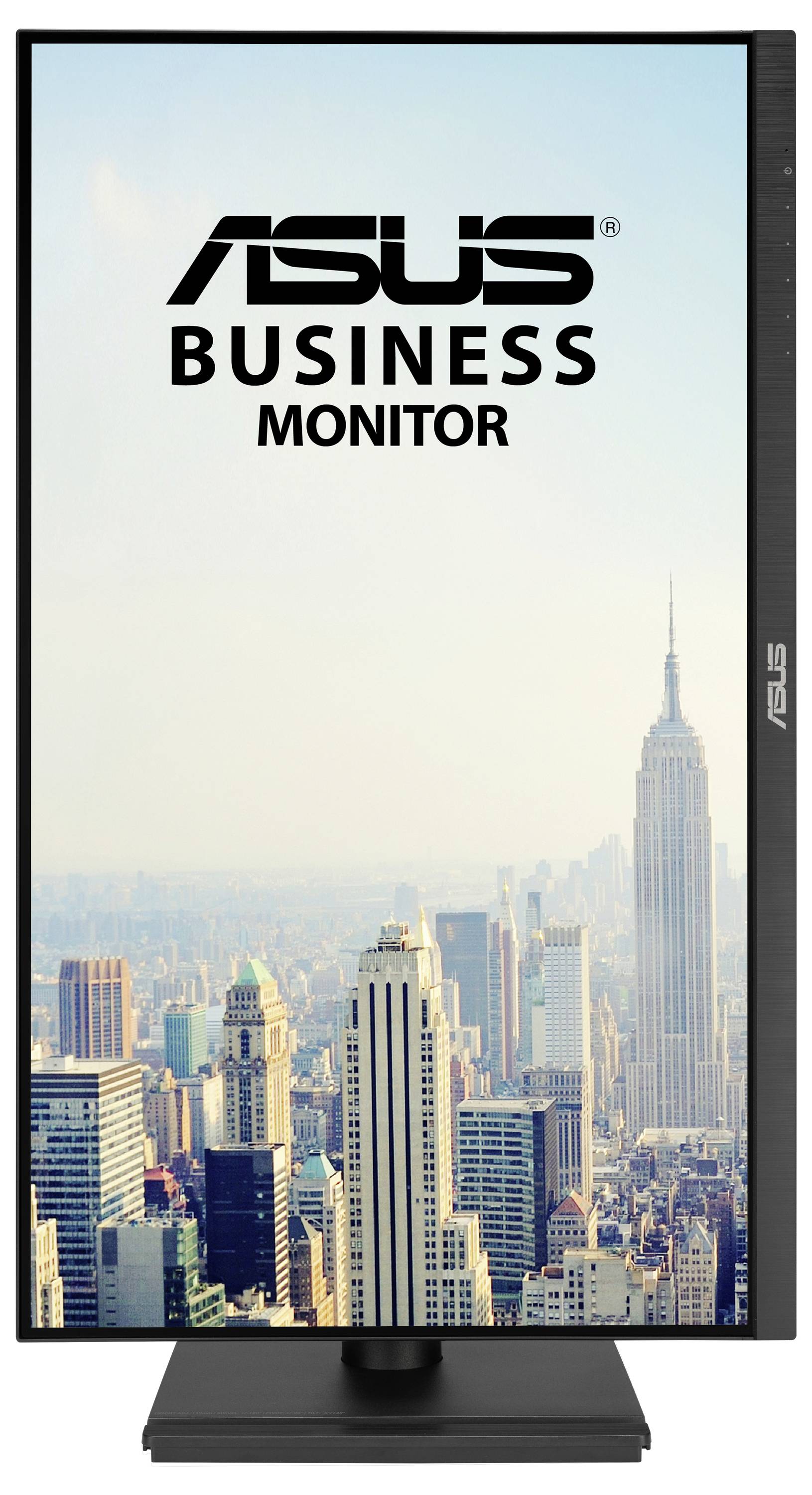 Monitor biznesowy ASUS z widokiem na panoramę Nowego Jorku w tle, z centralnie widoczną sylwetką Empire State Building.