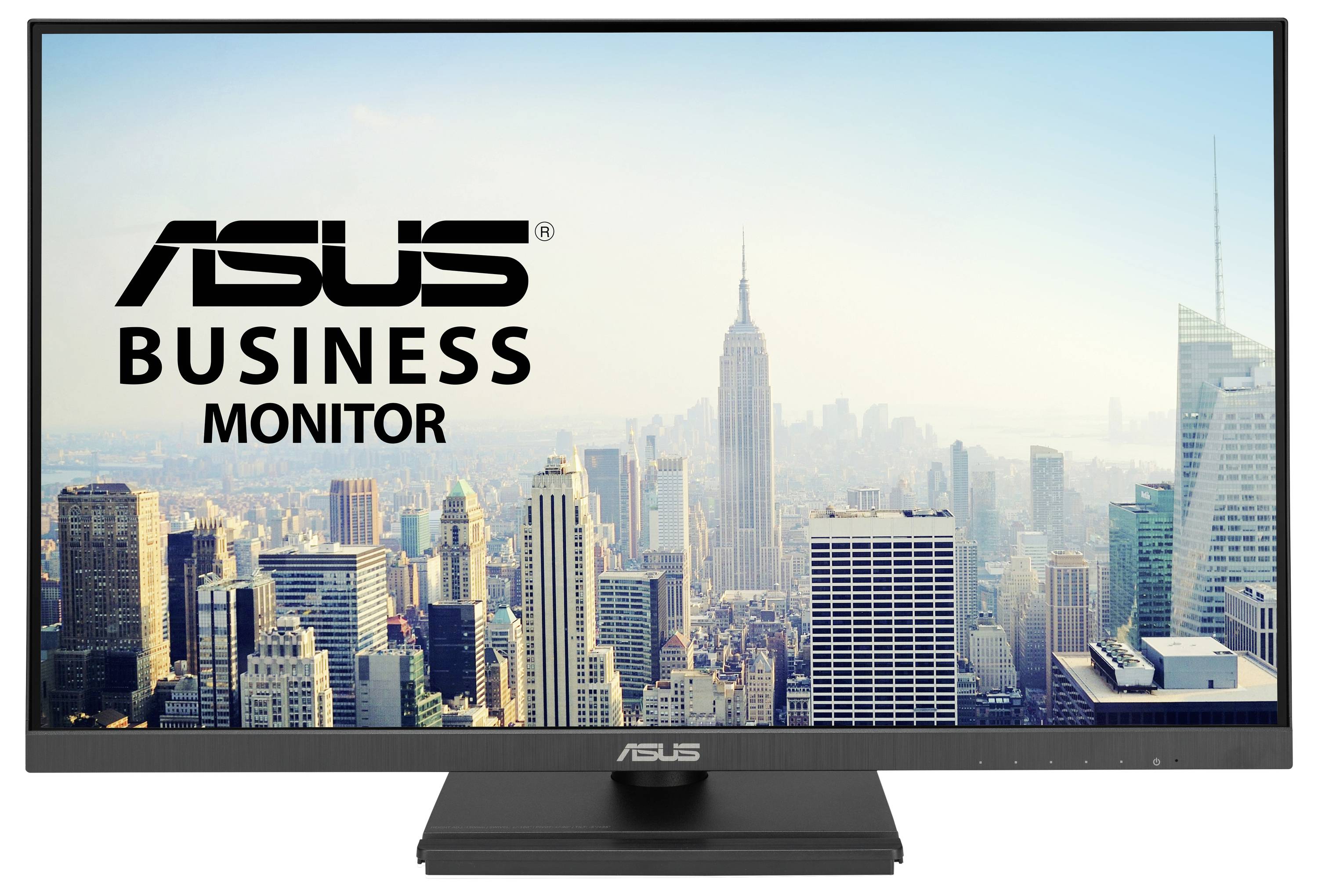 Monitor biznesowy ASUS wyświetla widok miasta z wieżowcami w tle.