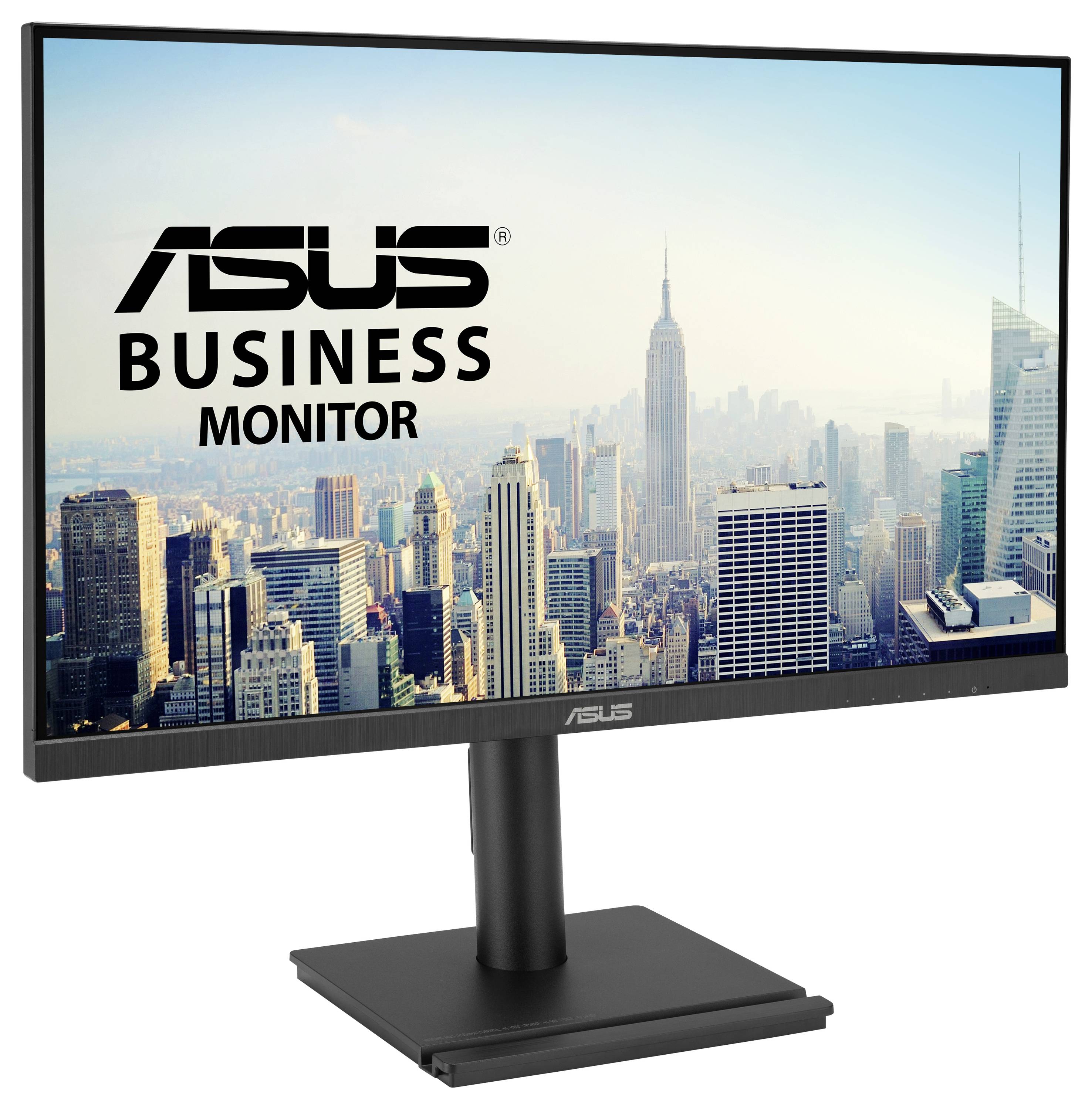 Monitor biznesowy ASUS wyświetla wyraźną panoramę miasta z nowoczesnymi wieżowcami jako tło na ekranie.