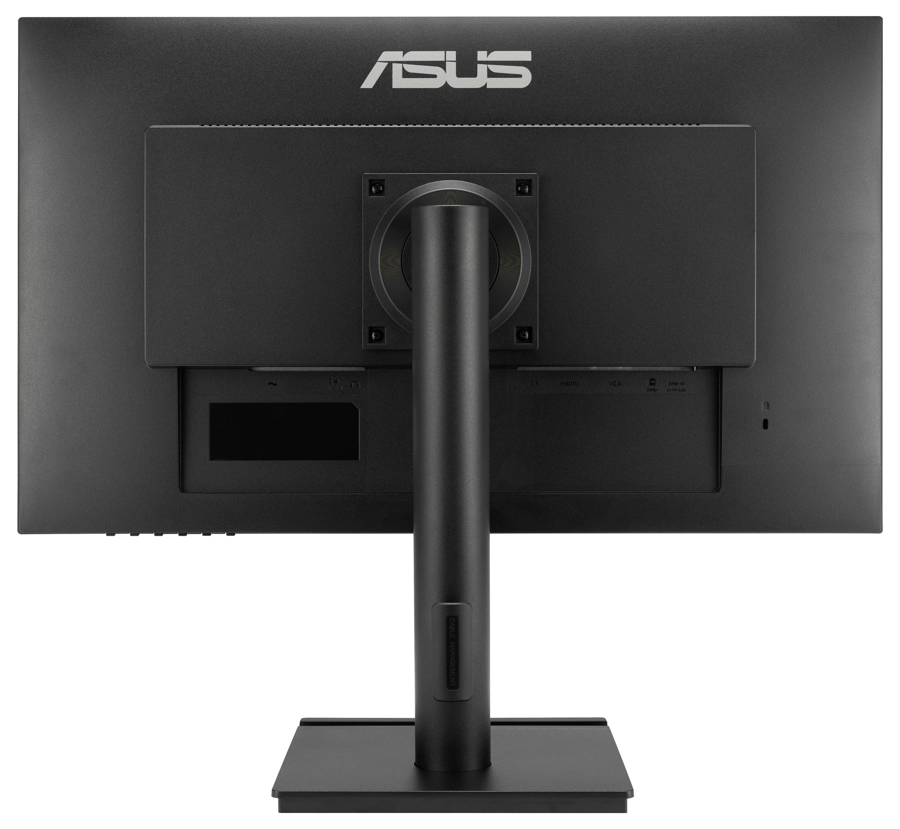 Monitor przedstawia czarny tył z podstawą. Logo ASUS jest widoczne na środku górnej części.