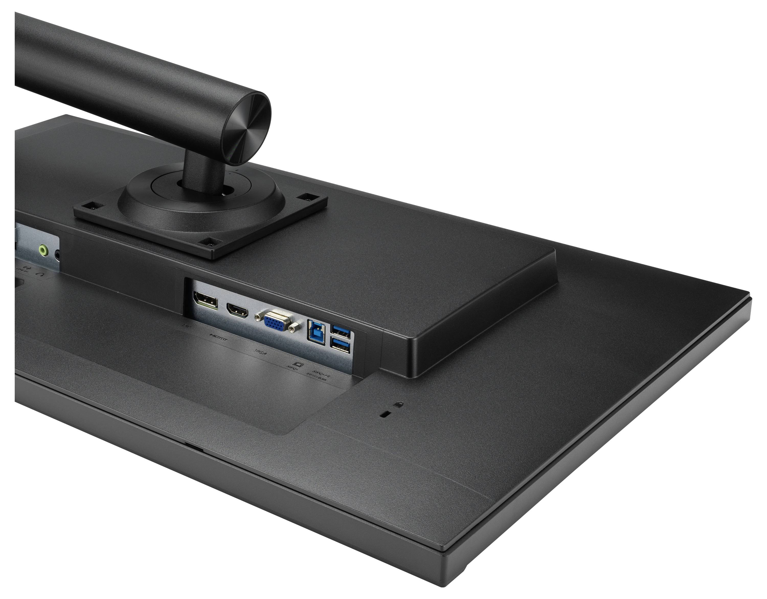 Tylna strona monitora z różnymi złączami: HDMI, USB i Audio. Podstawa monitora również jest widoczna.