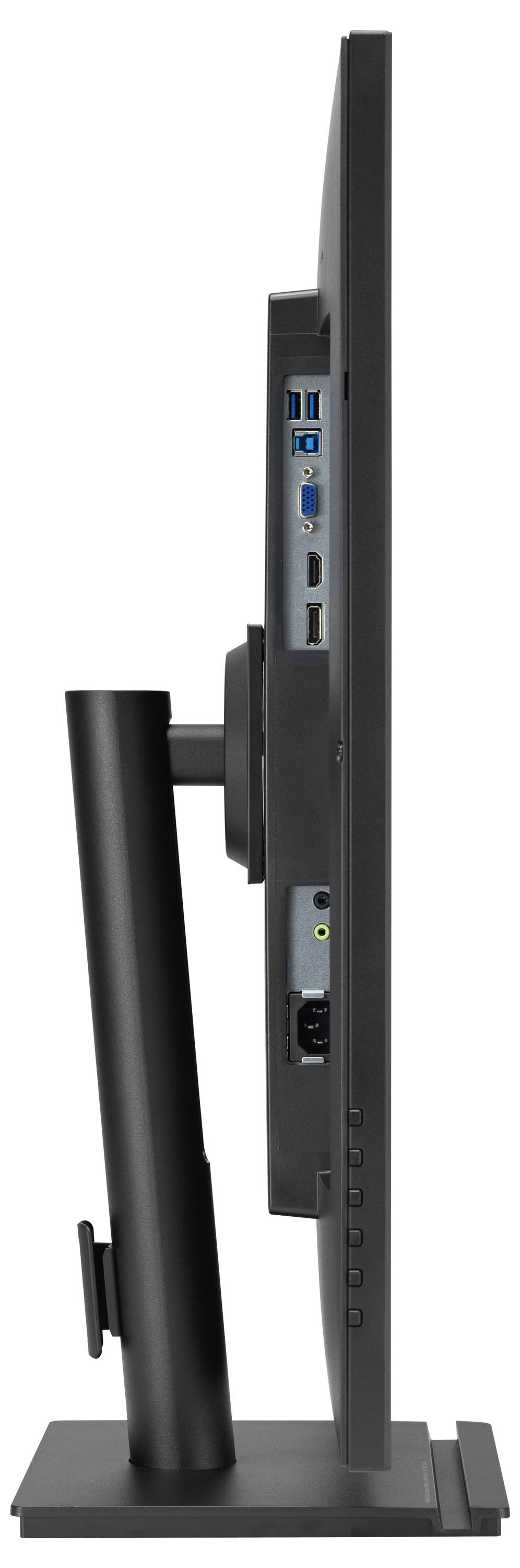 Boczny widok czarnego monitora komputerowego z wieloma złączami i regulowaną podstawą.