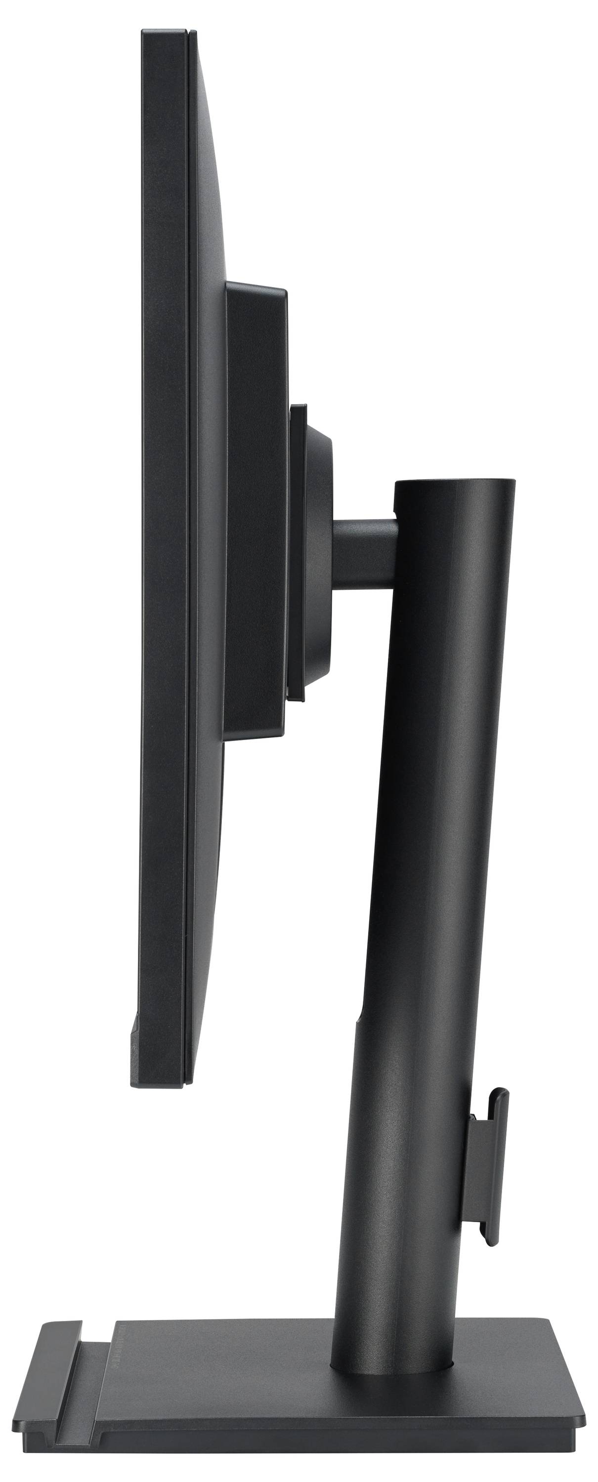 Widok z boku czarnego monitora komputerowego na podstawce. Ekran jest smukły i ustawiony pionowo.