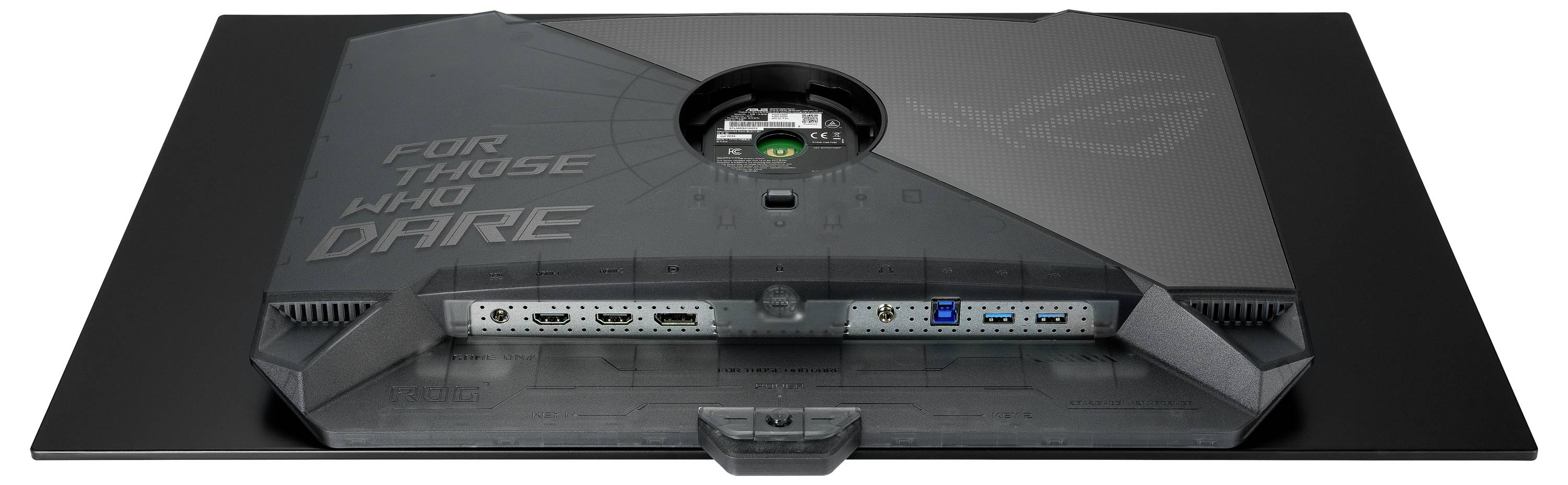 Tylna strona monitora z portami. Napis: "Dla tych, którzy się odważają". Widoczne są porty HDMI i USB.