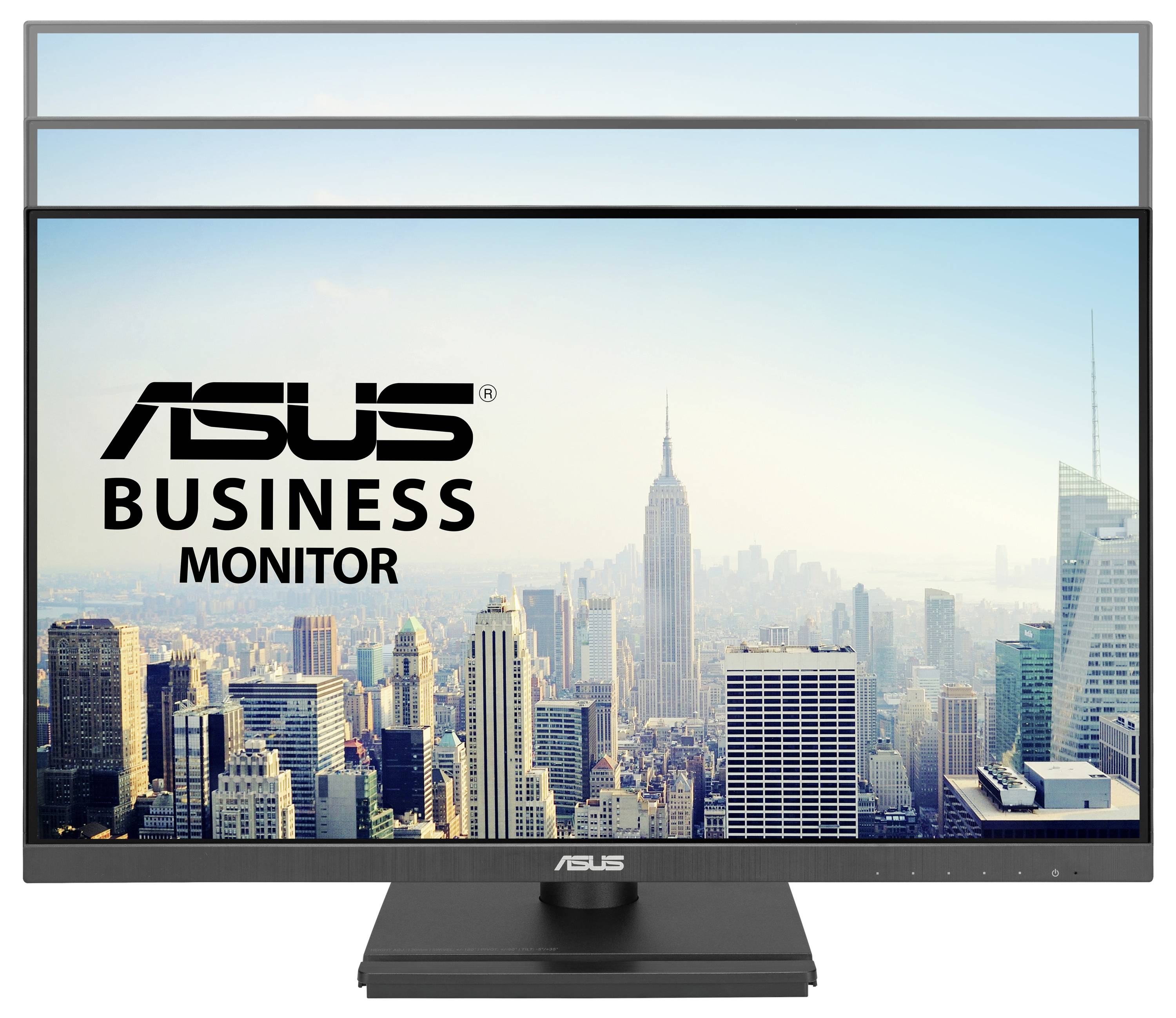 Monitor ASUS z widokiem miasta na ekranie, pokazujący panoramę skyline'u z wieżowcami oraz napis "Monitor Biznesowy ASUS".