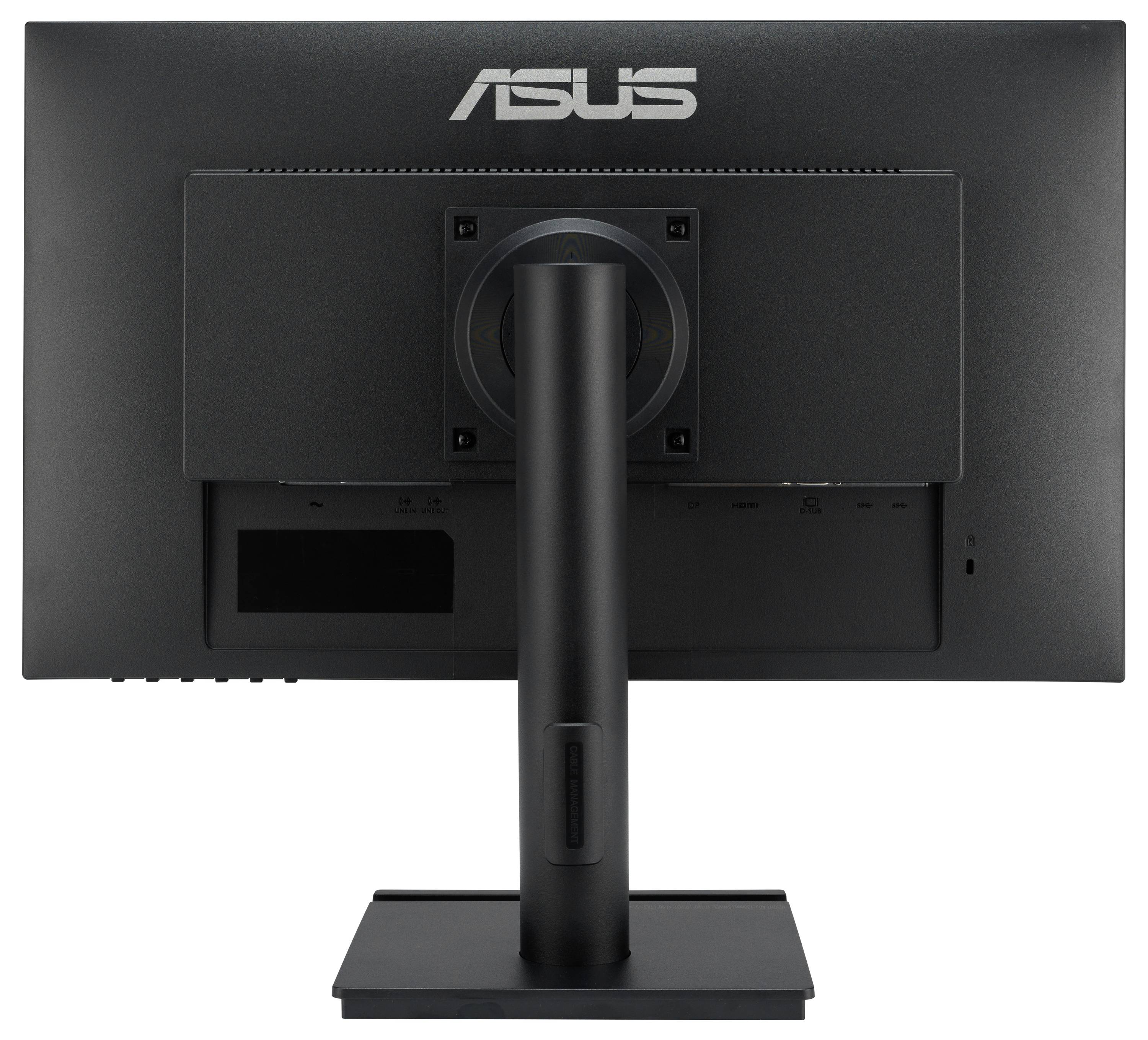 Monitor ASUS widziany od tyłu z regulowaną podstawą. Monitor charakteryzuje się prostym, czarnym designem bez widocznych kabli.