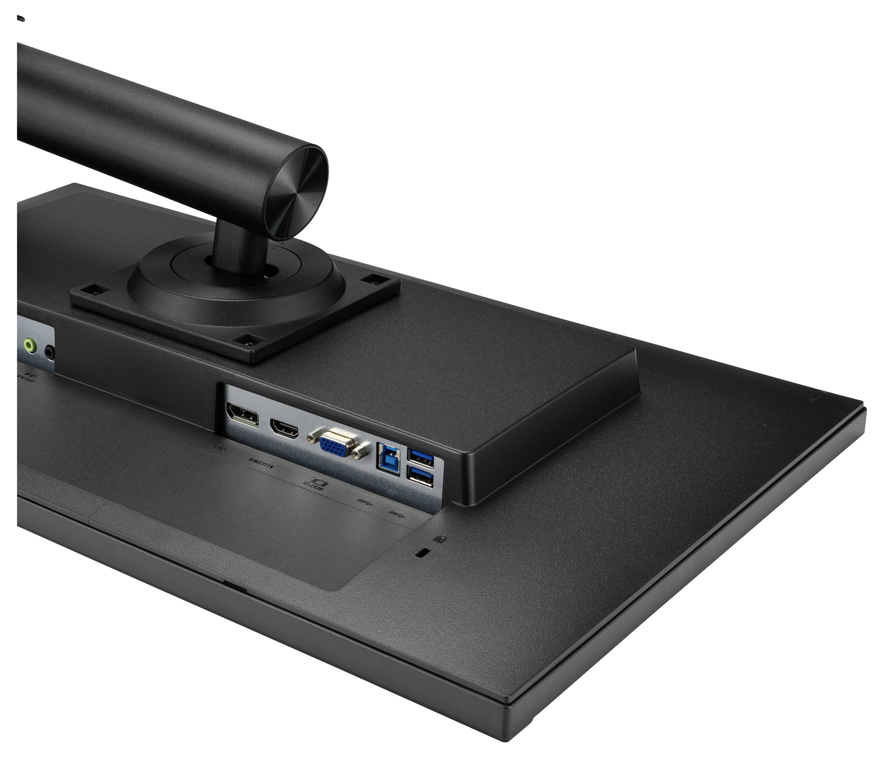 Tylna strona monitora z przyłączem kabla zasilającego, złączami HDMI i USB.