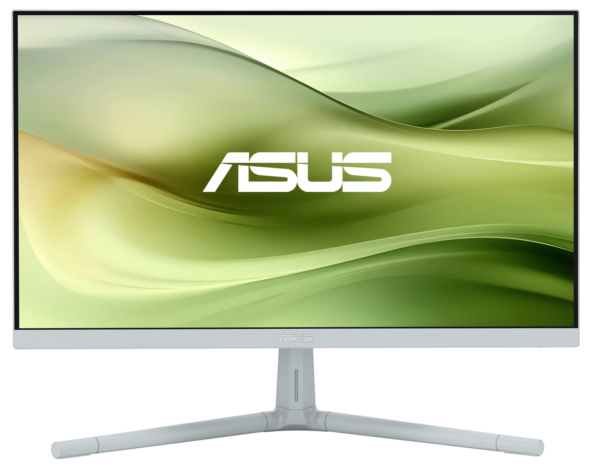 Monitor ASUS z szerokim ekranem i wąską ramką. W tle widoczne są faliste, zielone gradienty.