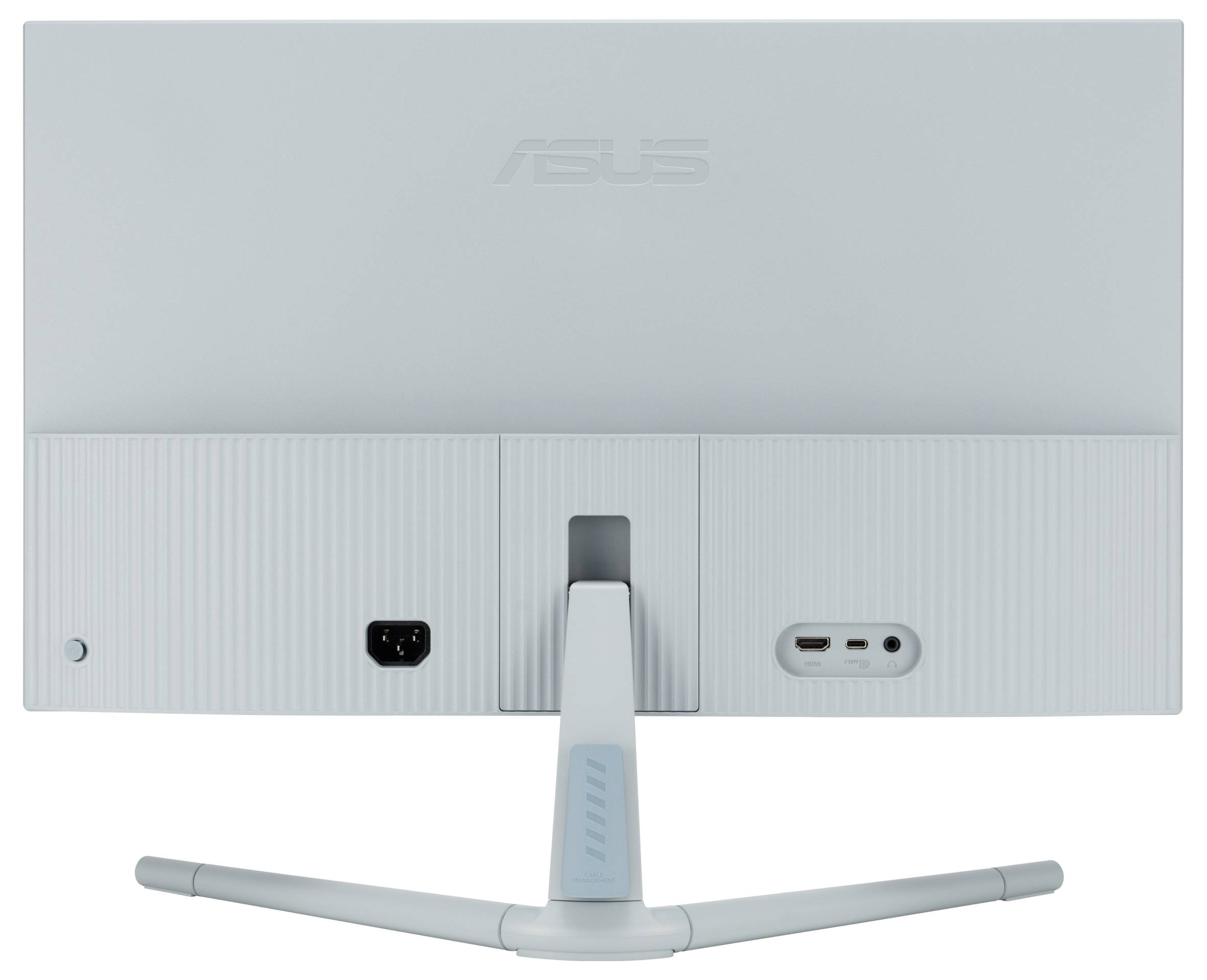 Tylna strona białego monitora ASUS z gniazdem zasilania i portem USB-C.