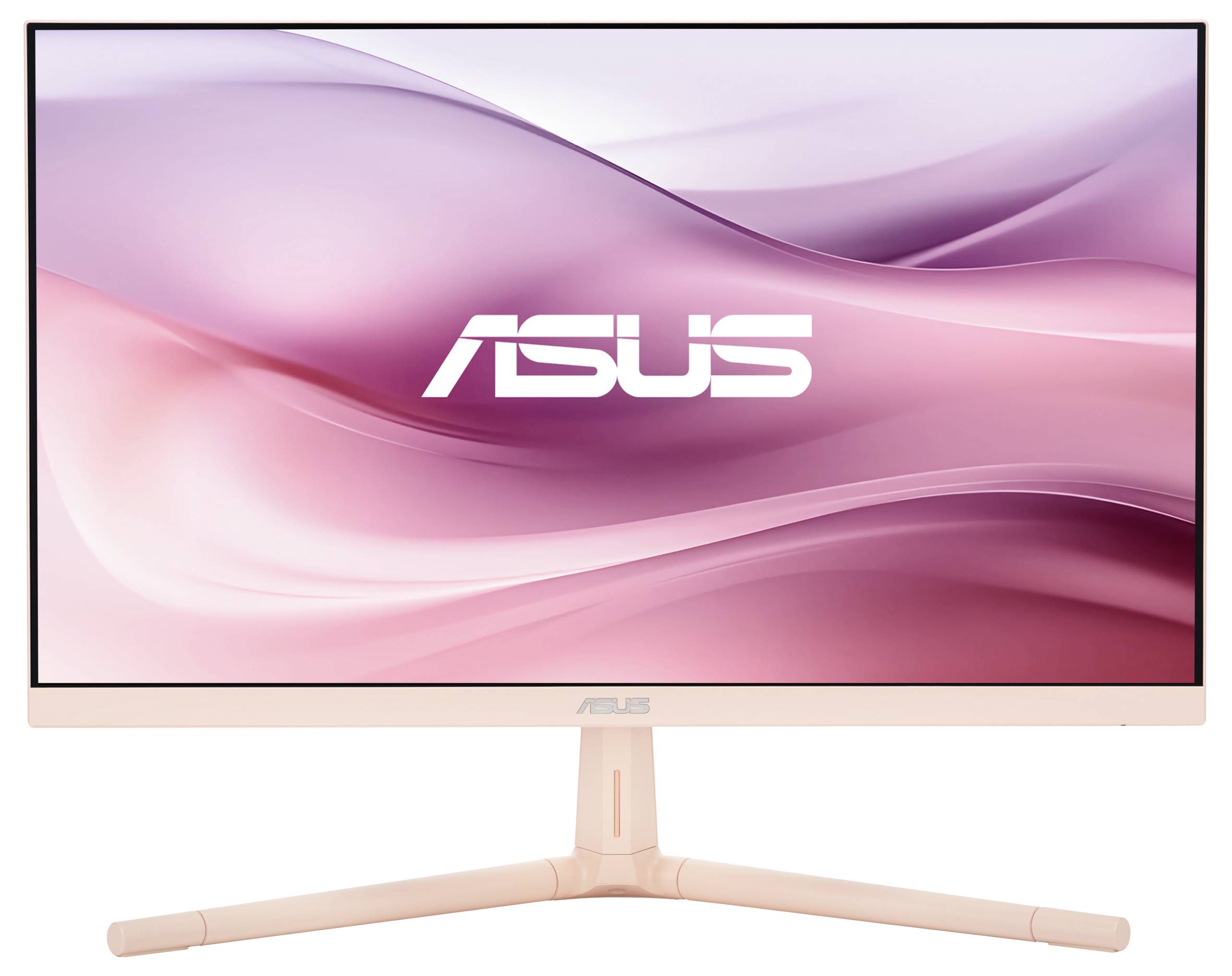 Płaski, różowy monitor ASUS-a stojący na stole. Ekran wyświetla logo ASUS-a na różowym tle z płynącymi liniami.