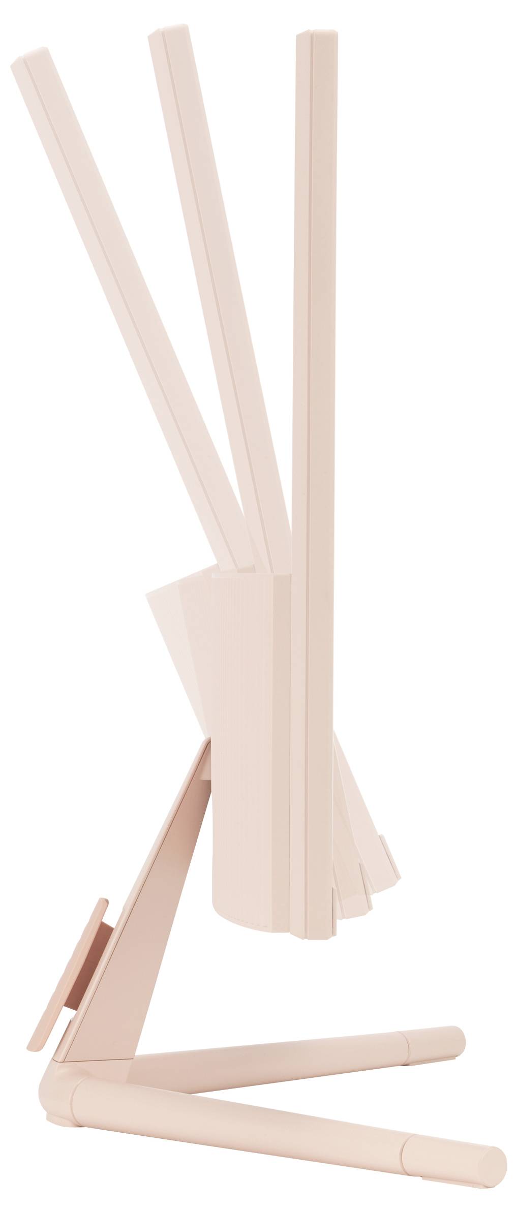 Różowy, składany stojak z trzema regulowanymi panelami widziany z boku. Idealny do lekkich wyświetlaczy lub tabletów.