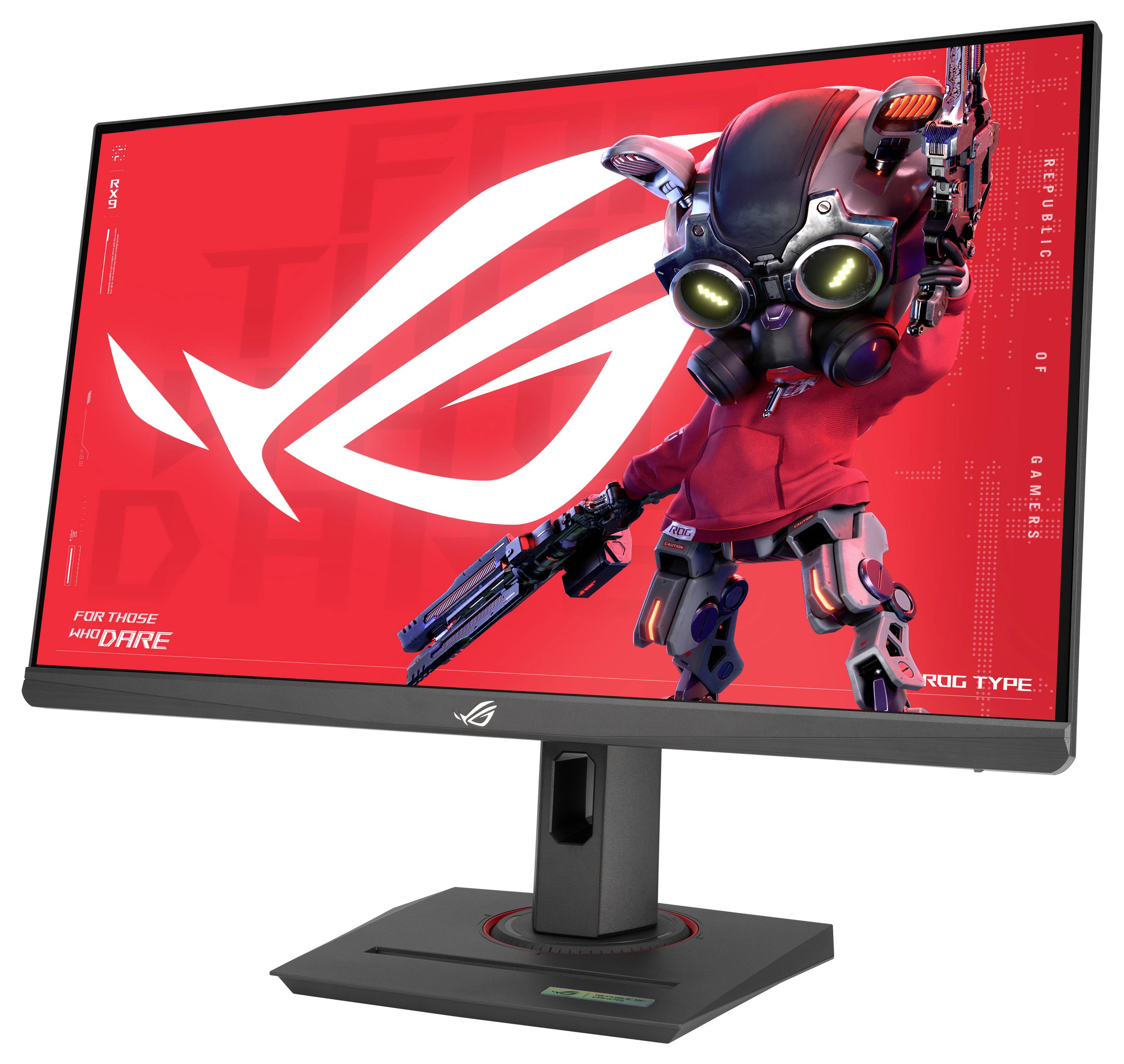 Monitor komputerowy z robotem w czerwonej bluzie z kapturem i bronią, na czerwonym tle z dużym białym logo.