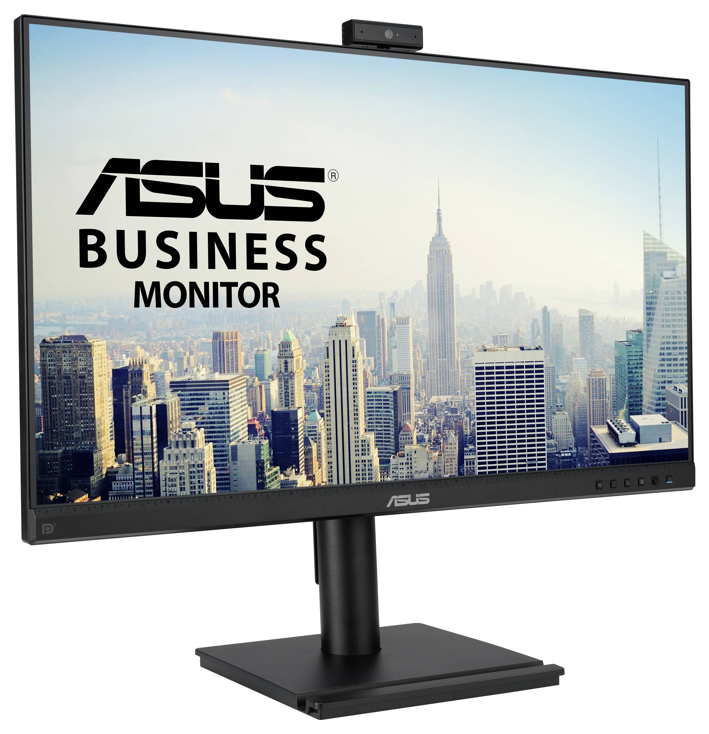 Monitor ASUS wyświetla widok miasta z wieżowcami, w tym Empire State Building. W lewym górnym rogu widnieje napis 'Monitor biznesowy ASUS'.