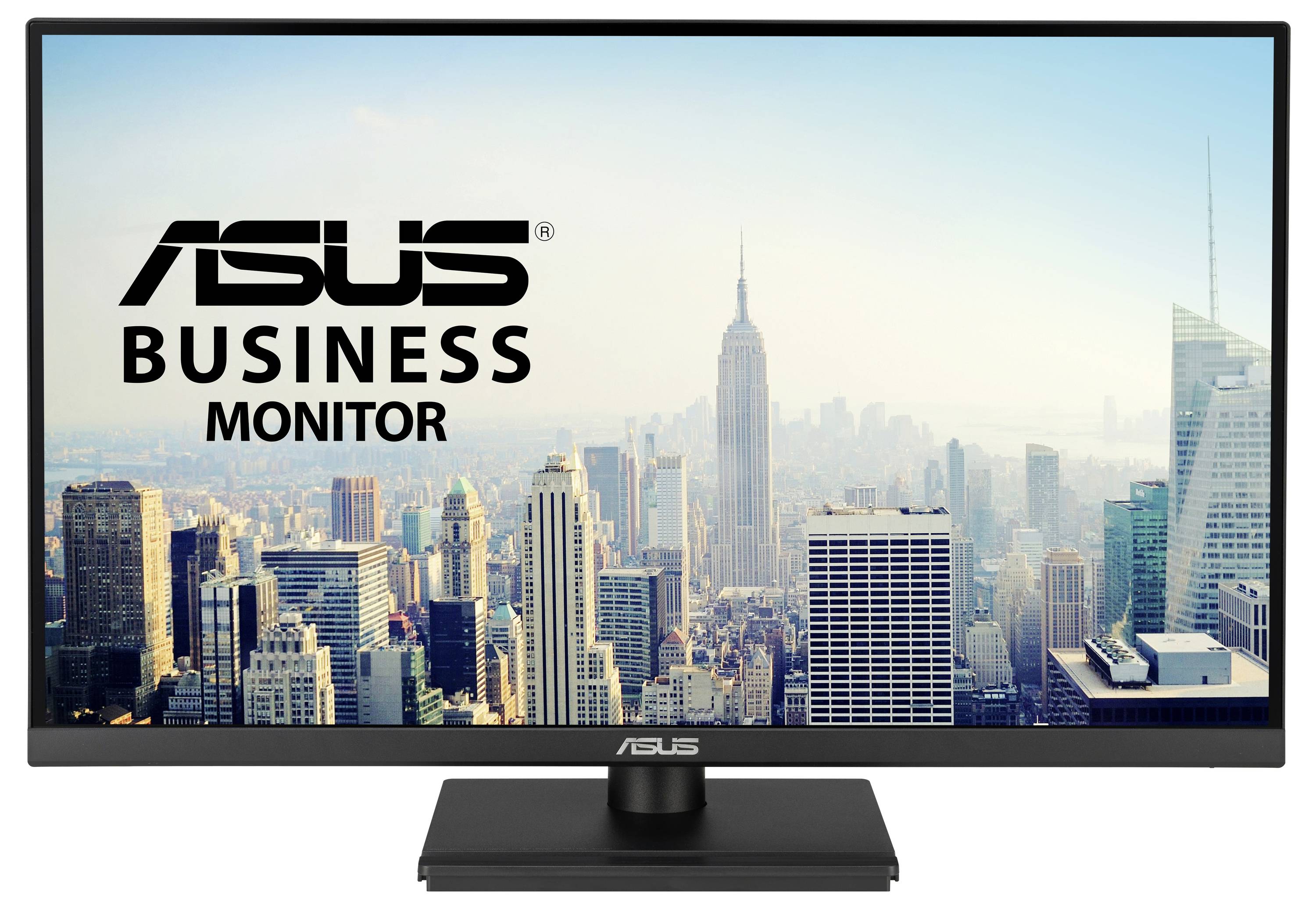 Monitor biznesowy Asus z widokiem na panoramę wieżowców i błękitne niebo w tle.