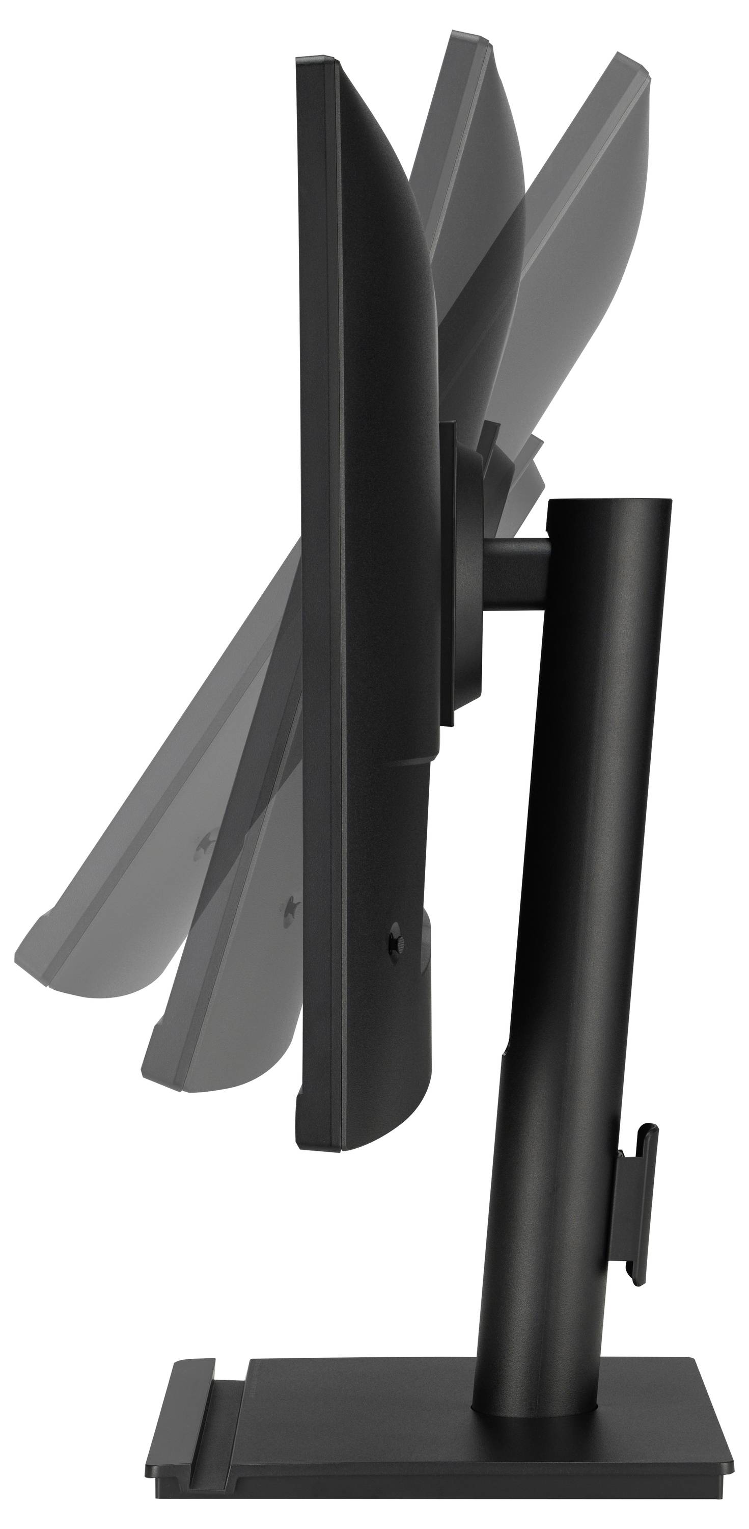 Monitor przedstawiony z boku, pokazujący różne kąty pochylenia do przodu i do tyłu, ilustrujący możliwości regulacji.