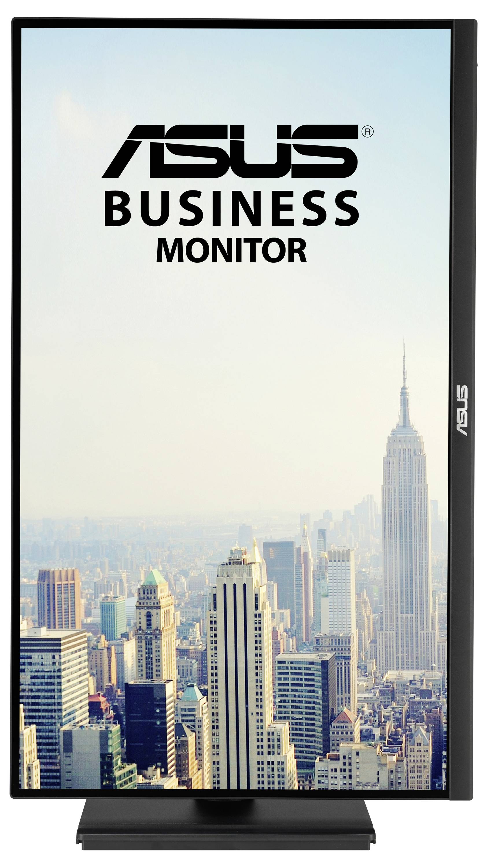 Monitor z pionowym wyświetlaczem przedstawia widok miasta z drapaczami chmur i Empire State Building, tekst 'Asus Business Monitor'.