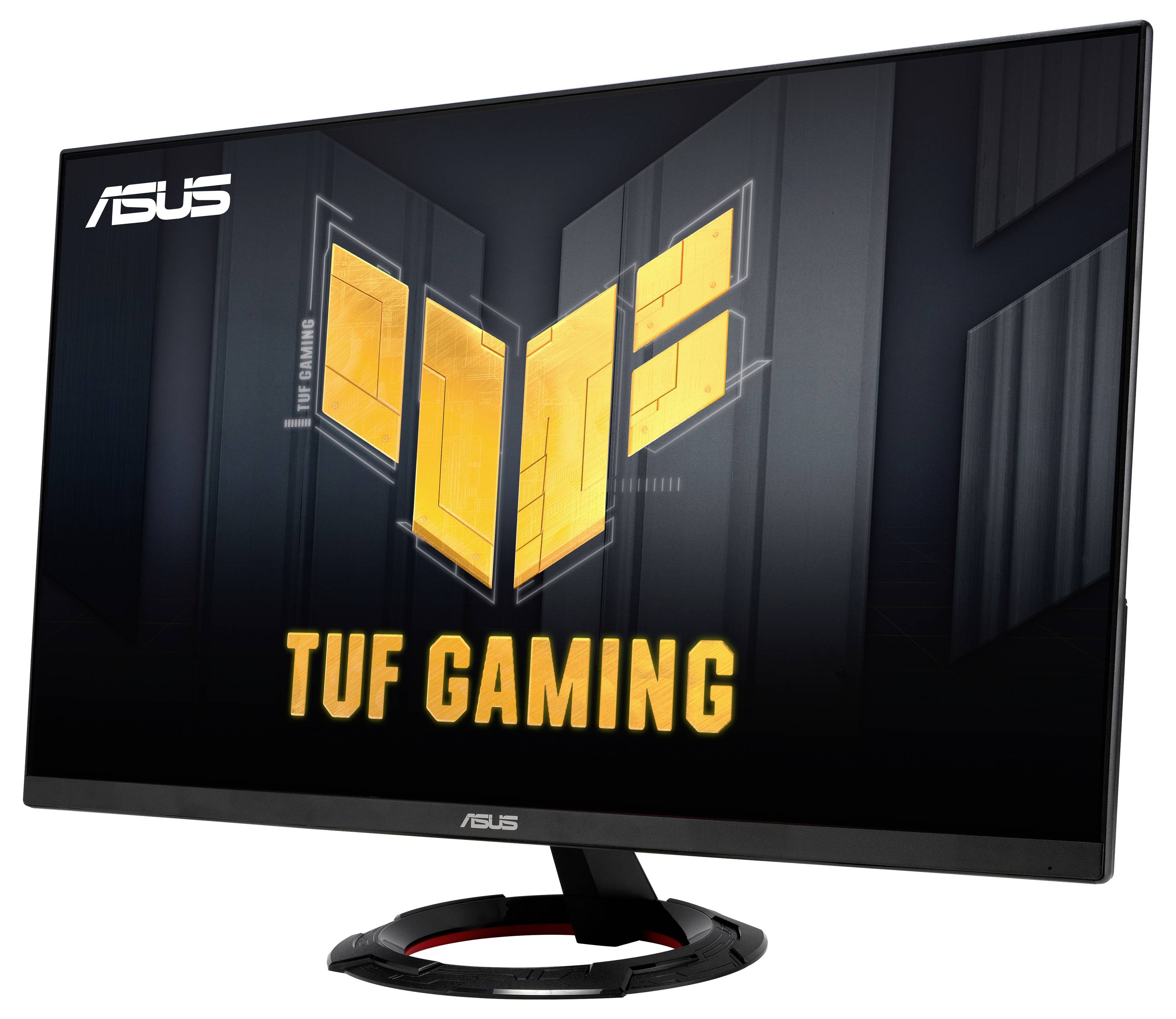 Monitor z logo ASUS TUF Gaming na ekranie, otoczony ciemnym, technicznym tłem.