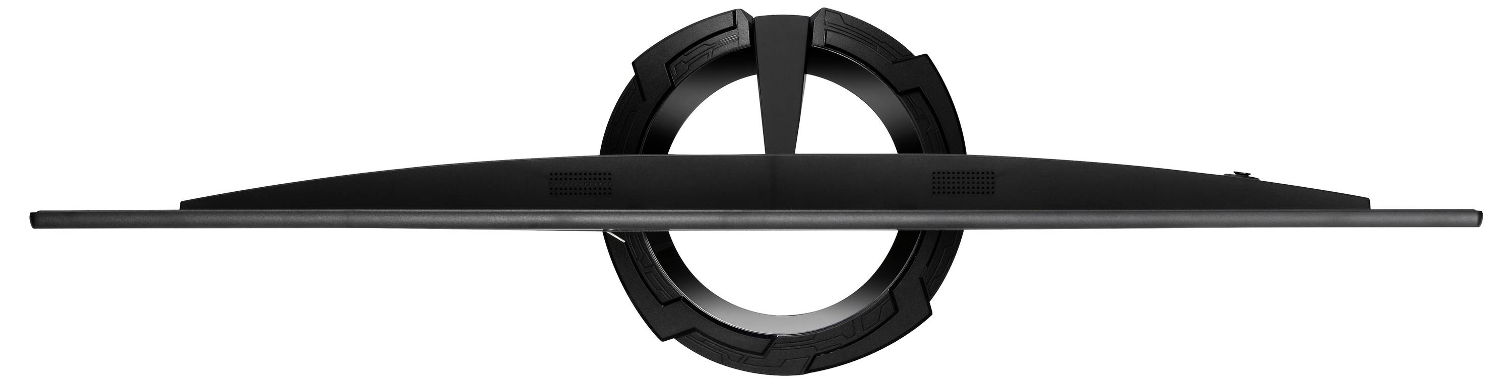 Płaski monitor komputerowy widziany z góry; prezentuje smukłą sylwetkę i okrągłą podstawę.