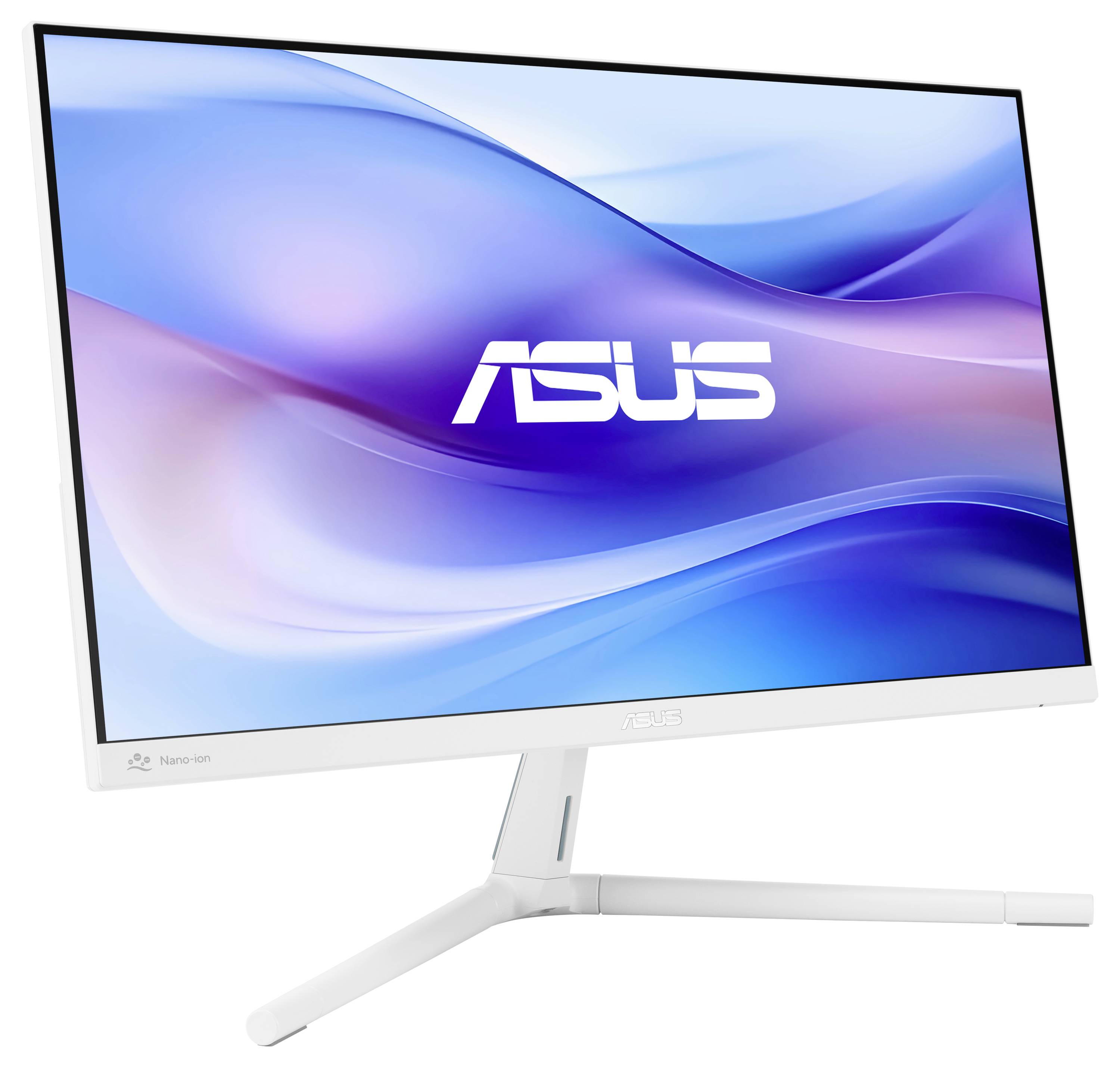 Monitor ASUS w białej obudowie stoi na białej podstawce, ekran wyświetla niebieskie i fioletowe fale z logo ASUS.