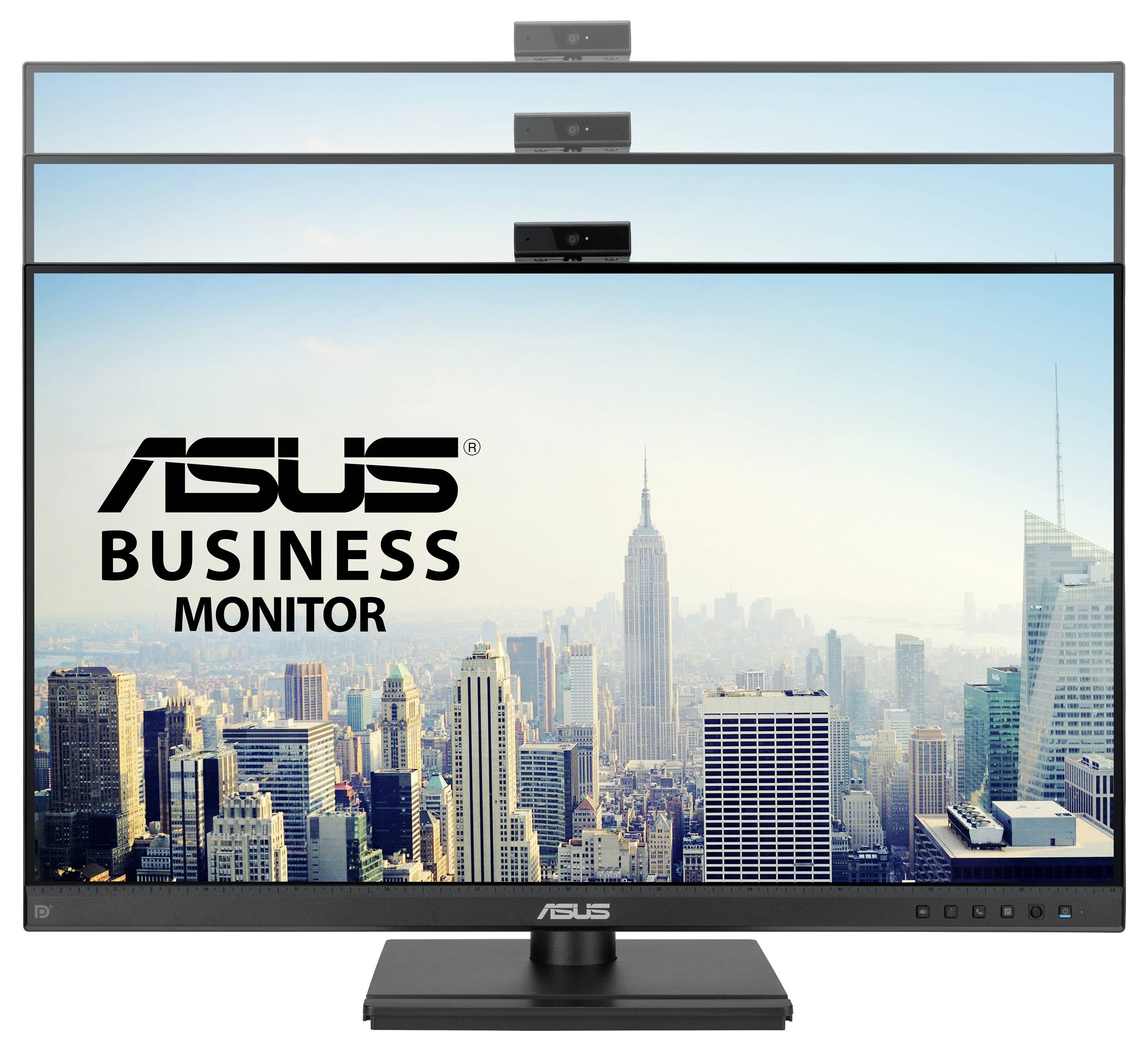 Monitor biznesowy ASUS wyświetla widok miasta z wieżowcami w tle. Na górze zamontowana jest mała kamera.