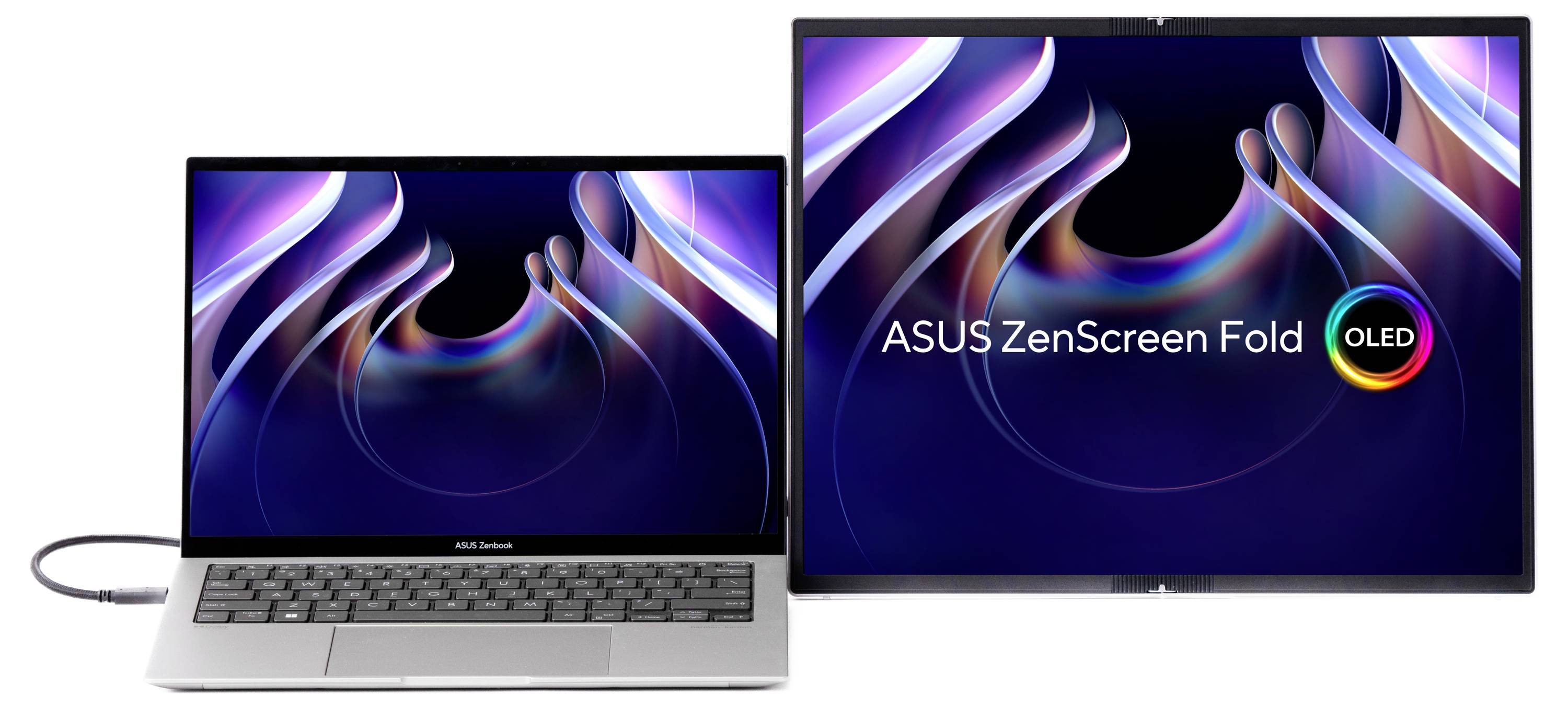Laptop z podłączonym zewnętrznym ekranem. Oba wyświetlają kolorowy, abstrakcyjny wzór. Tekst na ekranie: 'ASUS ZenScreen Fold OLED'.