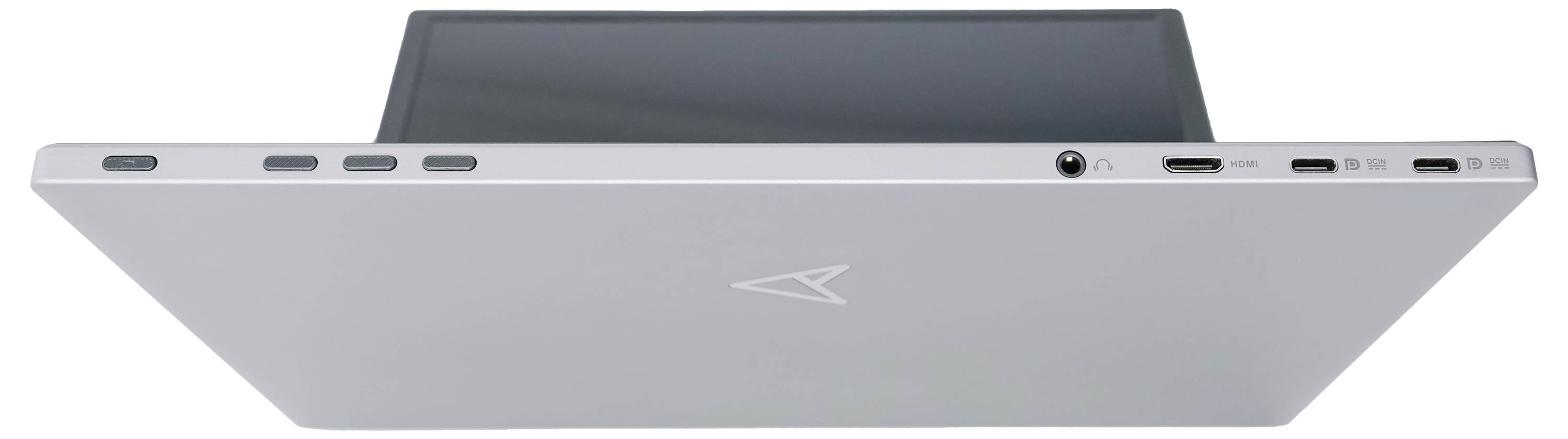 Laptop w kolorze srebrnym z kilkoma portami z tyłu, w tym USB i HDMI. Urządzenie jest częściowo zamknięte.