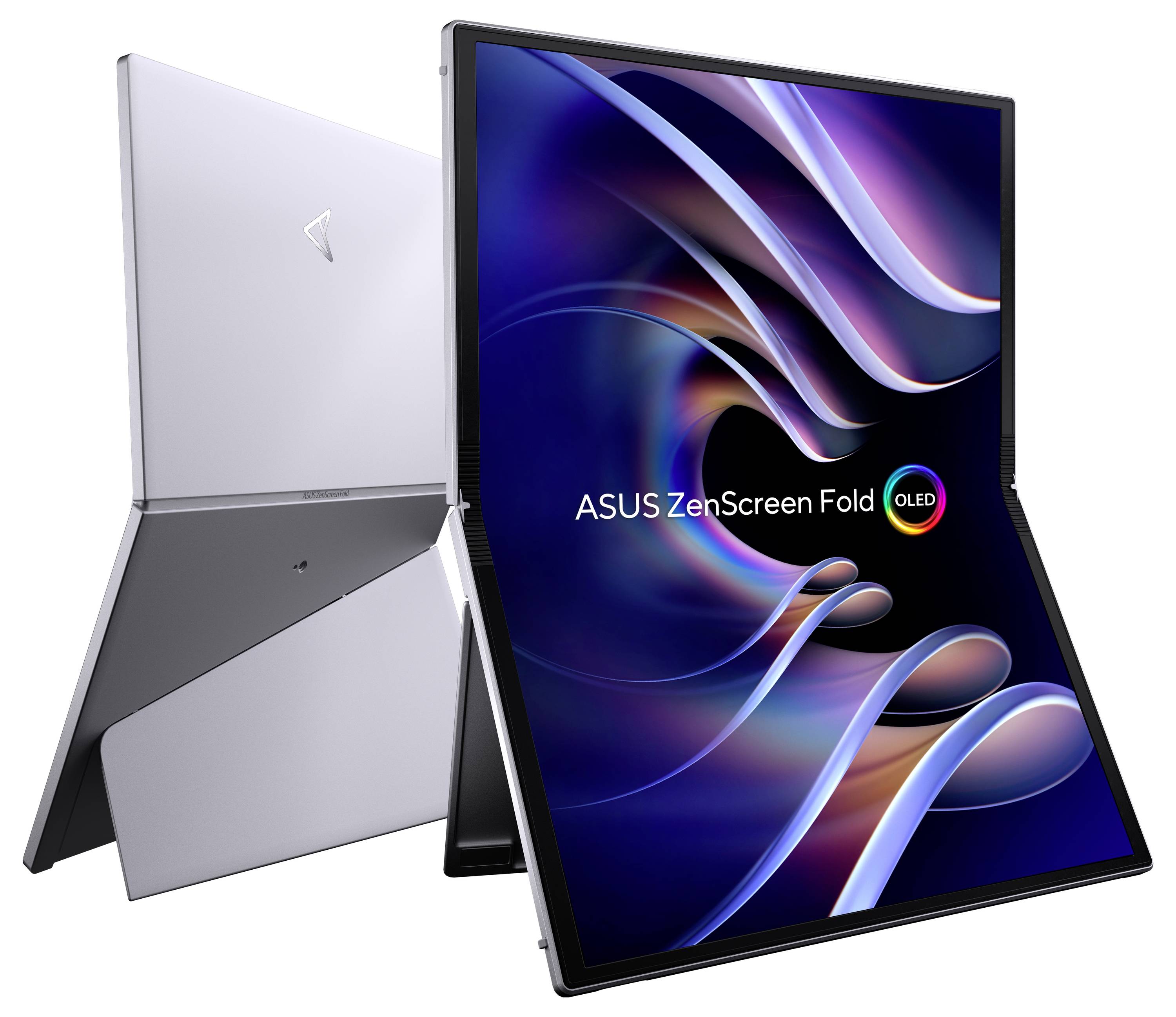 Składany ekran ASUS w nowoczesnych kolorach. Tekst: 'ASUS ZenScreen Fold OLED'. Ekran stoi swobodnie dzięki zintegrowanemu systemowi podparcia.